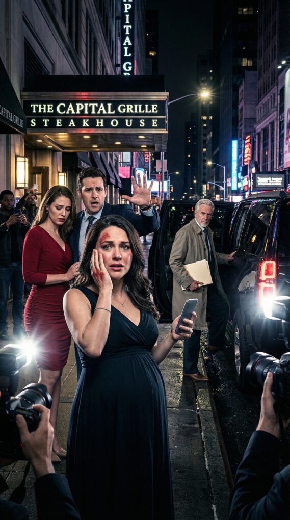 I didn’t think he’d do it in front of everyone—until his palm cracked across my face and the street went silent. “Apologize to her,” my rich husband snapped, nodding at his mistress like she owned me. I pressed a shaking hand to my belly. “You just hit your pregnant wife,” I whispered, tasting blood and humiliation. He smirked. “And what are you going to do about it?” I lifted my phone, smiled through the pain, and hit one button—because he had no idea who I’d just called… or what I’d been hiding.