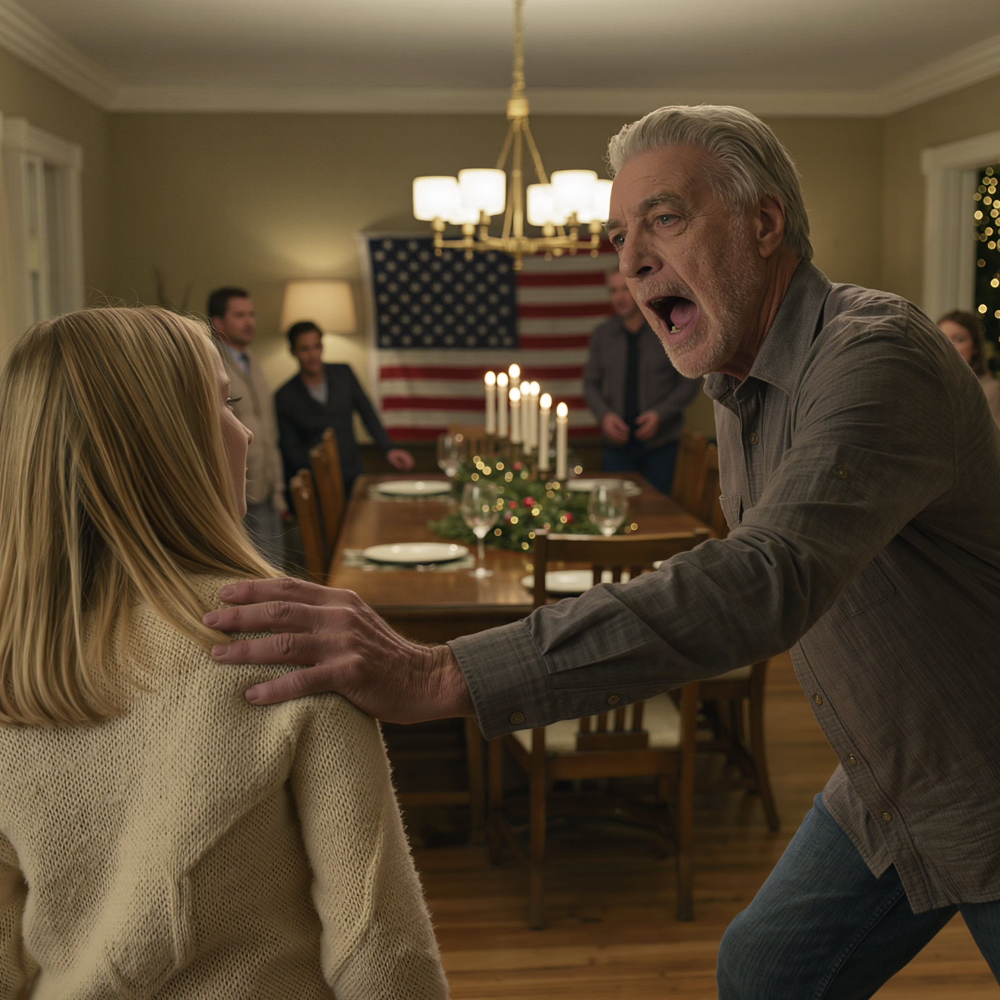 My dad pushed my 9-year-old daughter at the Christmas table. “That seat is for my real grandkid. GET OUT!” She hit the floor in front of the whole family—but everyone stayed silent. I didn’t cry. I said FOUR WORDS. My mom dropped her wine glass. My dad went pale…