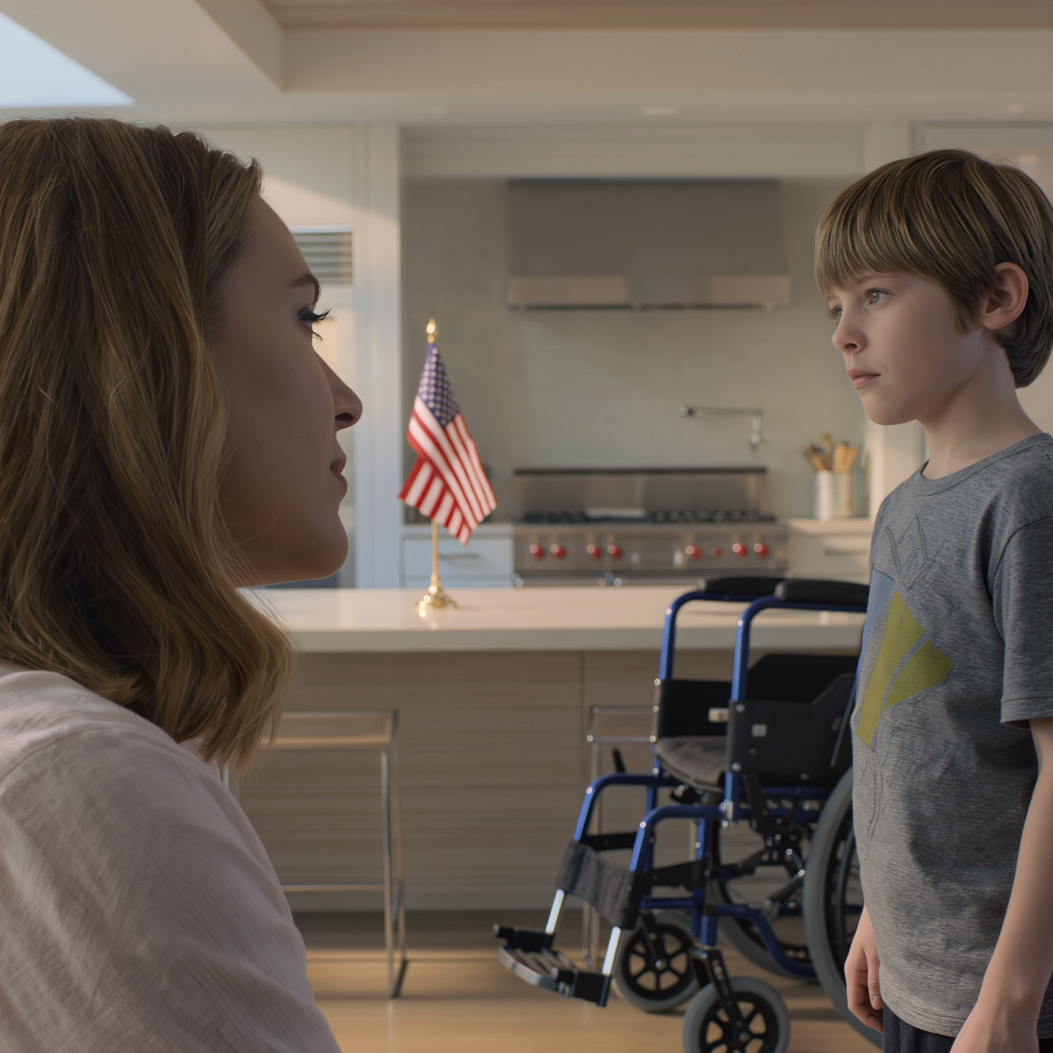 And I swear, the moment he said that, the whole sprawling house suddenly shrank into a locked box. Outside, the cul-de-sac was so quiet I could hear the neighbor’s sprinkler system, the flag on the porch softly snapping against its pole, and the sound of my husband’s engine fading until it vanished beyond the red maples at the end of the street. Ethan had just left, still in that crisp, ad-perfect blue shirt, his expensive cologne lingering in the hallway. Before he got in the car, he smiled gently, told me “don’t go anywhere,” then threaded a chain through the iron gate and padlocked it from the outside like it was the most normal thing in the world. He said there’d been a break-in nearby, said the spare key was in his desk drawer but the lock was sticky, “better not to use it unless you have to.” I nodded like a good wife, like being shut in was a kind of love. I wheeled Leo into the living room. I’d cared for him long enough to know every feeding time, every diaper change, every random blink the doctor called a “response.” He always sat with his head tilted, a little towel at his collar, eyes empty—like he was looking straight through me. And then—my husband’s car barely gone—Leo stood up like a spring that had been hidden for two years. He didn’t wobble. He didn’t shake. He ran straight into the kitchen, small hands but sharp and decisive, twisting the gas valve shut, then throwing the windows wide open. I didn’t even understand what I was seeing when that rotten-egg stench slammed into my nose, the harsh bite burning my throat, my head spinning like I’d stepped off a carnival ride. I froze, heart hammering, managing only a broken whisper of his name—until Leo turned back, and his stare was so cold it made me feel like a child caught doing something forbidden. “Don’t scream,” he said—clear, clipped, not the voice of a kid who “can’t speak.” “Dad isn’t on a business trip.” I thought I’d misheard because of the dizziness, the fumes, the irrational fear Ethan always laughed off—calling me “paranoid,” saying I “overthink everything.” But Leo wasn’t joking. He pulled me lower, signaled me not to stand up straight, not to look around, not to touch a light switch. Then he lifted one finger and pointed toward the living room—one exact direction—like he’d memorized that spot day after day. I swallowed hard. My throat was raw and dry. And right as I followed his finger, my phone on the table buzzed once—my blood went cold when I saw the name on the screen. Leo tightened his grip on my wrist and whispered so softly it barely existed: “Don’t let Dad know you saw it.” I turned my head, painfully slow, my heart slamming against my ribs… and whatever Leo was pointing at—a tiny detail that looked harmless—made my skin crawl.