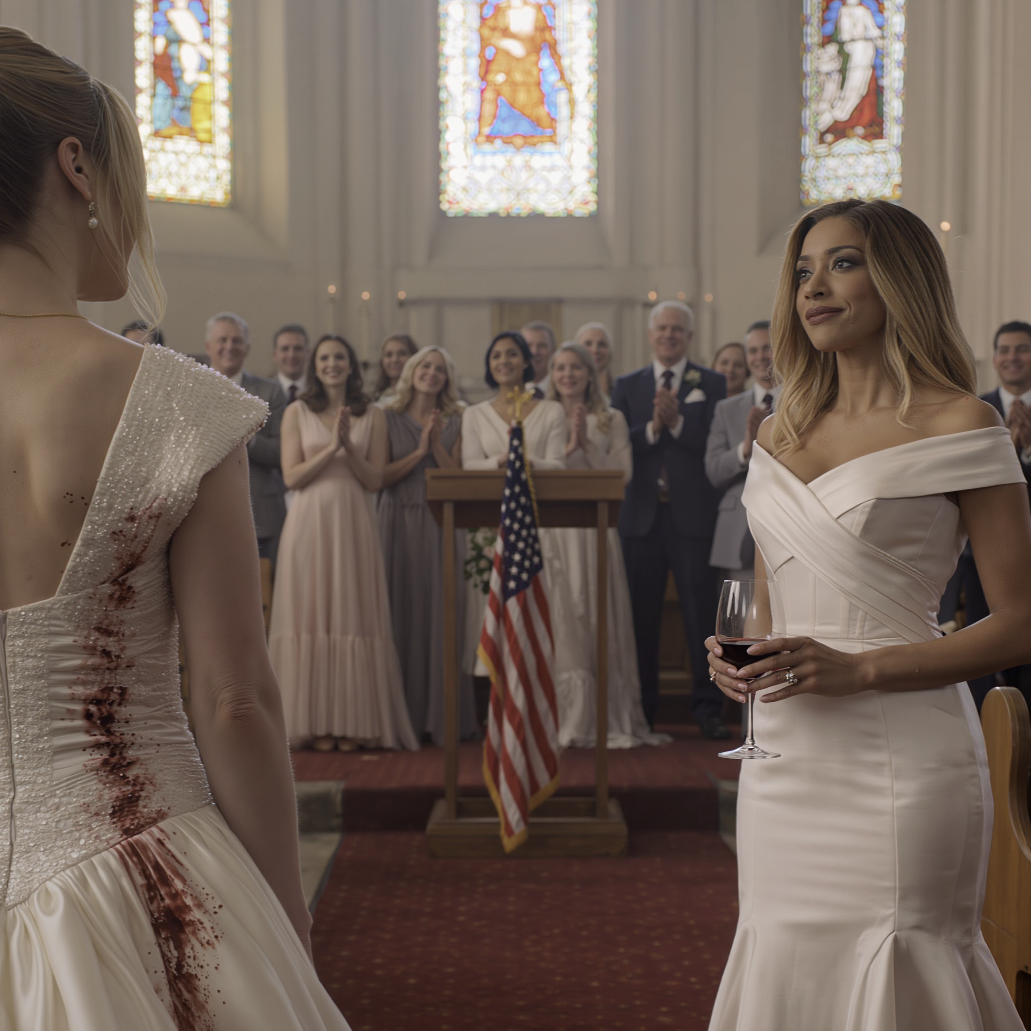 Wedding music echoed in a Baltimore church, and as I stepped up to the altar my sister “accidentally” spilled a glass of red wine on my white dress. The guests fell silent, the groom froze… yet my parents stood up and clapped like they were cheering. I didn’t cry—I just smiled, leaned to her ear, and whispered one sentence. Two weeks later, a meeting and a secret envelope left all three of them unable to laugh anymore…