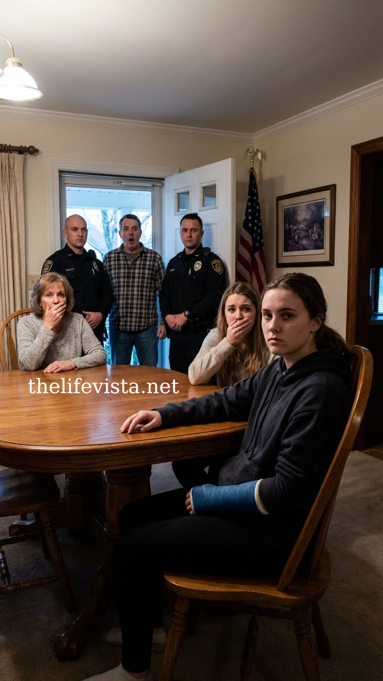 At family dinner, I sat there with a broken arm, unable to eat. My mother-in-law sneered, “My son taught her a lesson.” His sister laughed, “She thought she was in charge.” I just smiled. Thirty minutes later, the doorbell rang—and he learned who really runs this place.