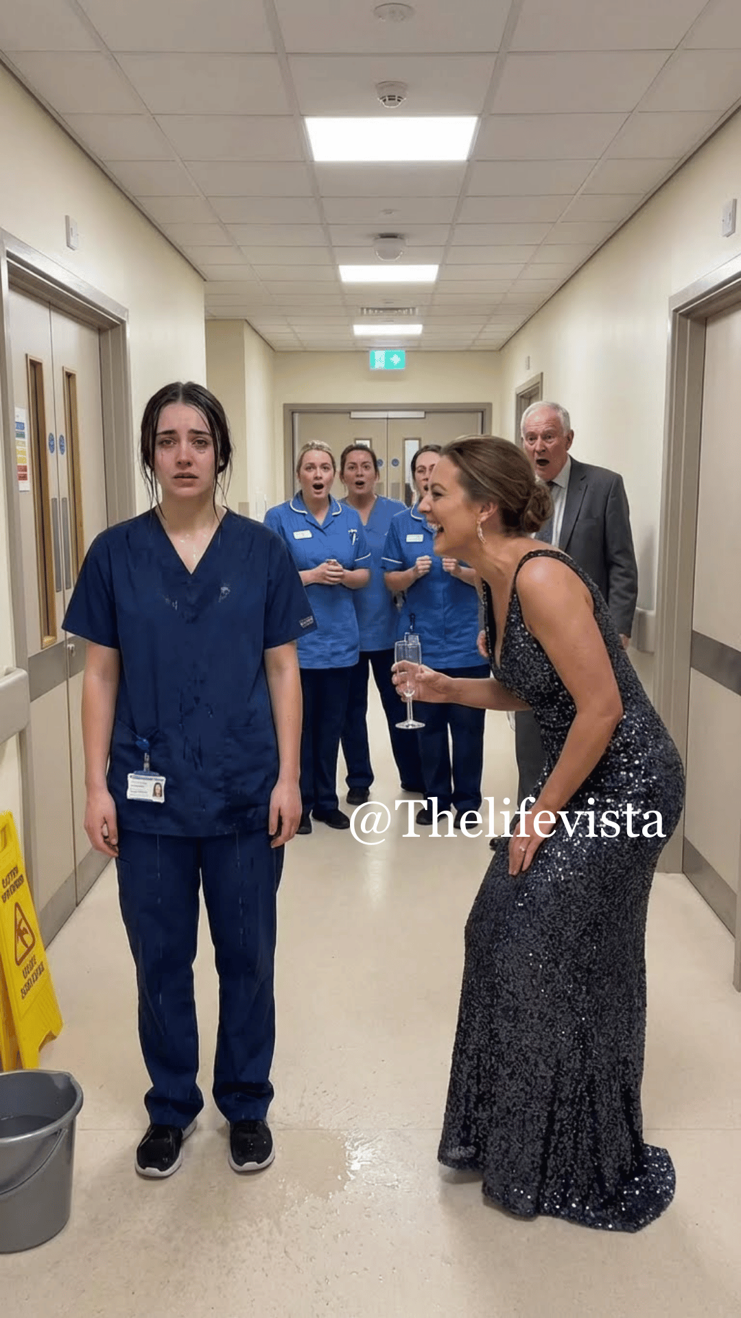 She laughed as water dripped from my hair onto the hospital floor. “Kneel and apologize,” she ordered, raising her phone to record. Everyone stared. No one stepped in. I could have told her who my husband was. I chose not to. Because what she did next sealed her fate—and she had no idea her world was about to fall apart.