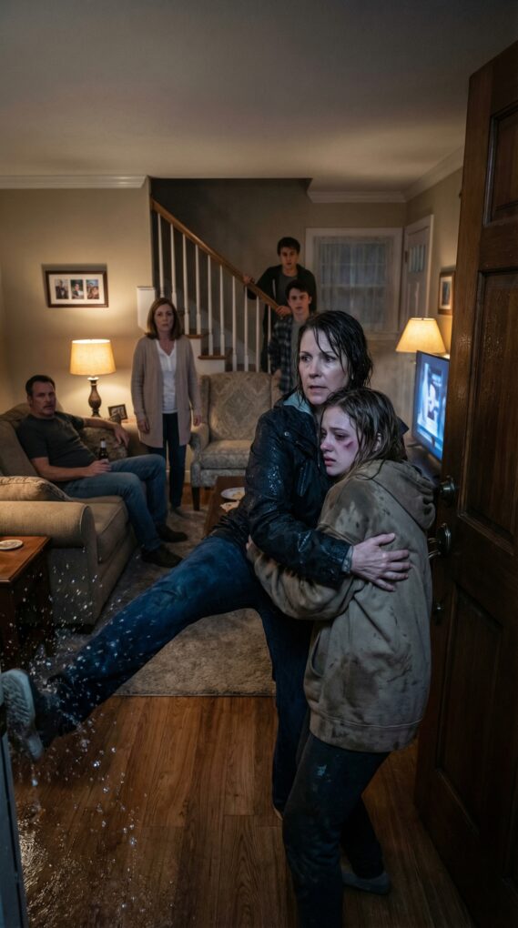 Rain soaked through my coat as I found my daughter on her knees in the driveway, trembling—because her husband “taught her a lesson” for buying a simple new dress. From inside the house, I heard his mother cackle and his brothers cheer. My daughter whispered, “Mom… please don’t make it worse.” I lifted her chin, saw the bruise, and kicked the door open. I stared straight at him and said five words: “Get up. This ends today.” Then the laughter stopped… and the real punishment began.