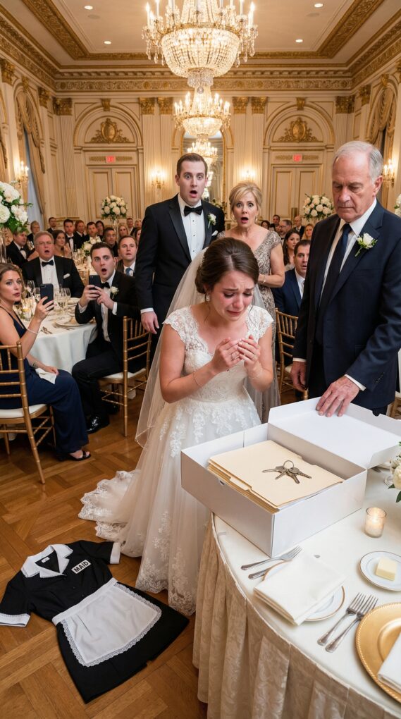 I was smiling through my daughter’s vows when her mother-in-law slid a velvet gift box onto the table. “For the bride,” she purred. My girl opened it—and a housekeeping uniform spilled into her shaking hands. My son-in-law laughed. “Perfect. Just what she’ll need at home.” My daughter’s eyes flooded, lips trembling. I stood up slowly. “Funny,” I said, placing my own box beside hers. “Because I brought a gift too… and it’s not for her.” When she lifted the lid, the room forgot how to breathe.