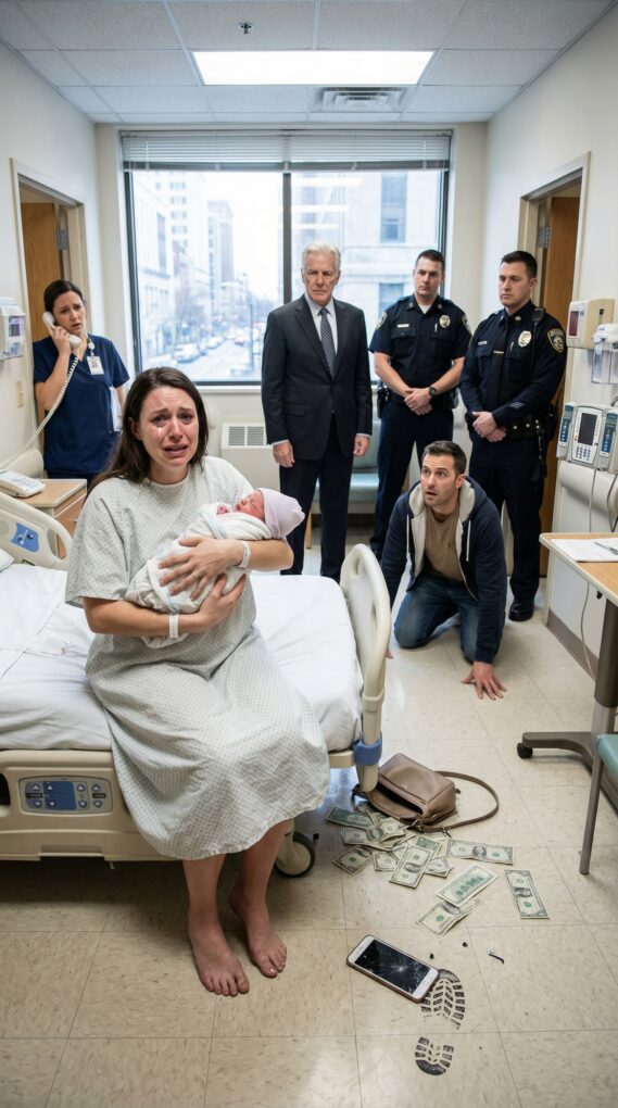 The nurse handed me my newborn baby, but my husband slapped the child out of my arms. “That thing isn’t mine!” he roared. “I’m leaving you and taking all the money!” He emptied my purse on the floor and stomped on my phone so I couldn’t call for help. An hour later, his knees hit the floor…