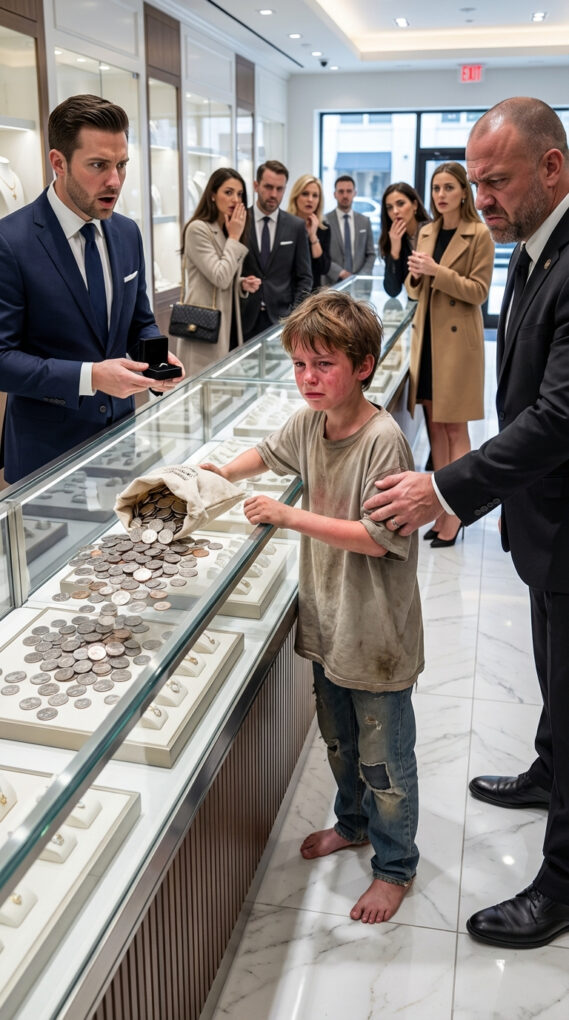 A barefoot boy in threadbare clothes slipped into a luxury jewelry store and quietly emptied thousands of cold coins onto the polished glass counter. A security guard moved to drag him out, convinced the child’s poverty was an insult to the wealthy clientele—until the store manager intervened, frozen by the words the boy had just spoken.