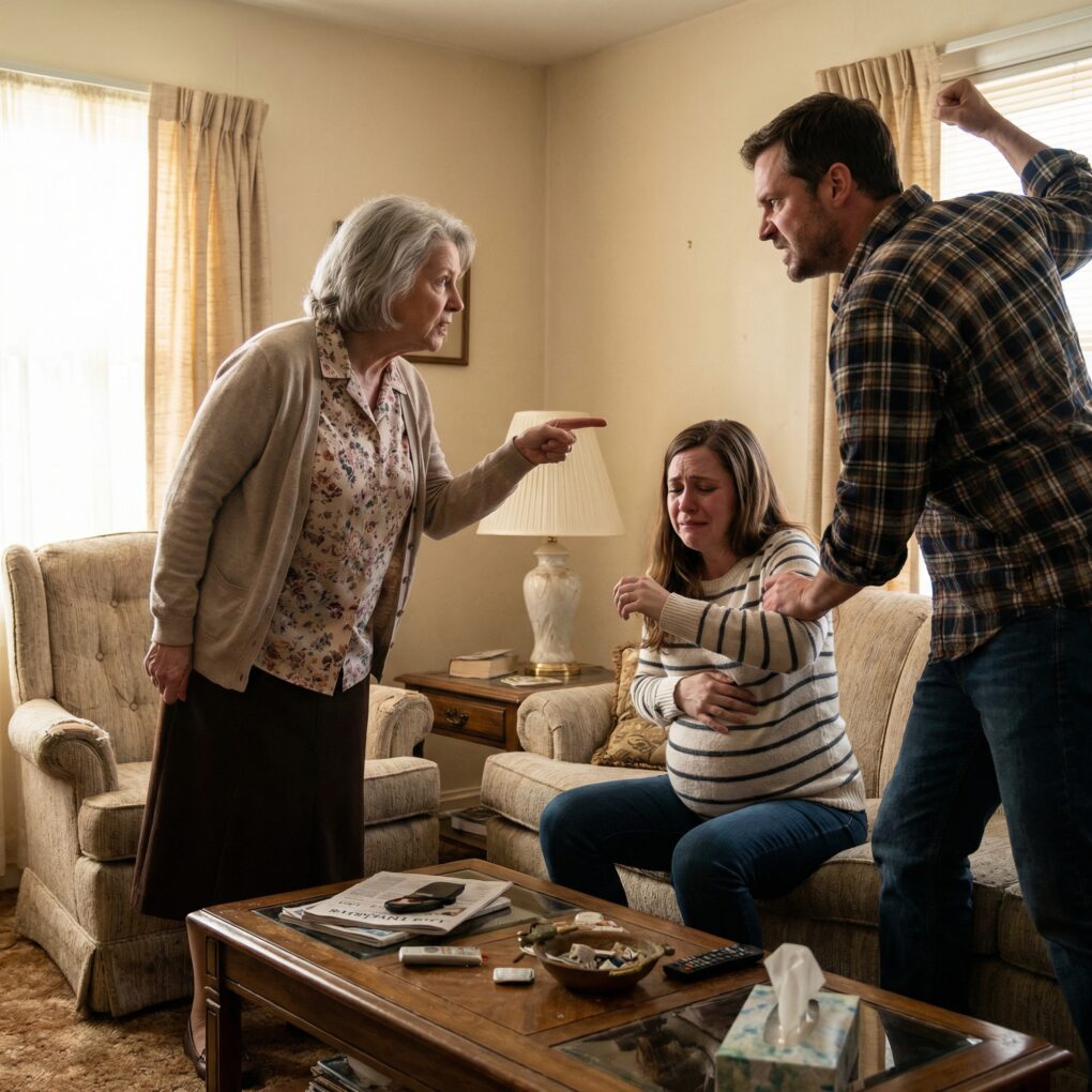 She pointed at me and screamed, “You’re useless!” Before I could breathe, my husband roared, “How dare you disrespect my mother!” His fists came down as I shielded my eight-month belly, pain exploding, blood soaking the floor. Sirens. White lights. In the ER, I heard the nurse whisper, “Ma’am… this injury isn’t from a fall.” And then she said something that made him freeze.