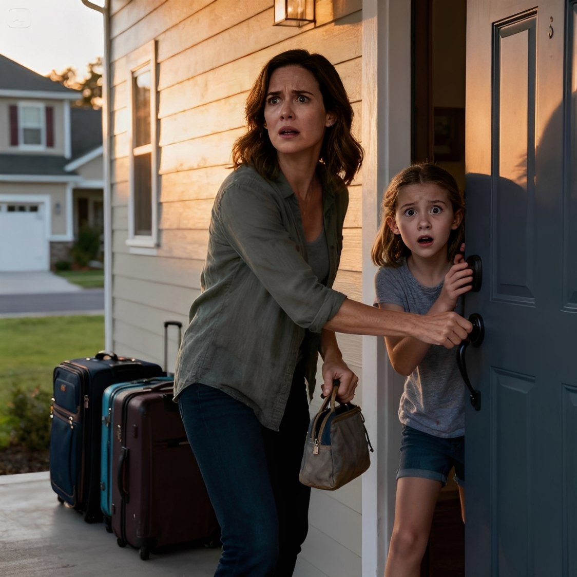 Mein Mann war gerade zu einer Geschäftsreise aufgebrochen, als meine sechsjährige Tochter leise flüsterte: „Mama… wir müssen sofort verschwinden.“ „Was? Warum?“ fragte ich, unsicher und erschrocken. Sie zitterte am ganzen Körper und sagte mit drängender Stimme: „Wir haben keine Zeit. Wir müssen das Haus sofort verlassen.“ Ich schnappte unsere Taschen und griff nach der Tür – und genau in diesem Moment geschah es.