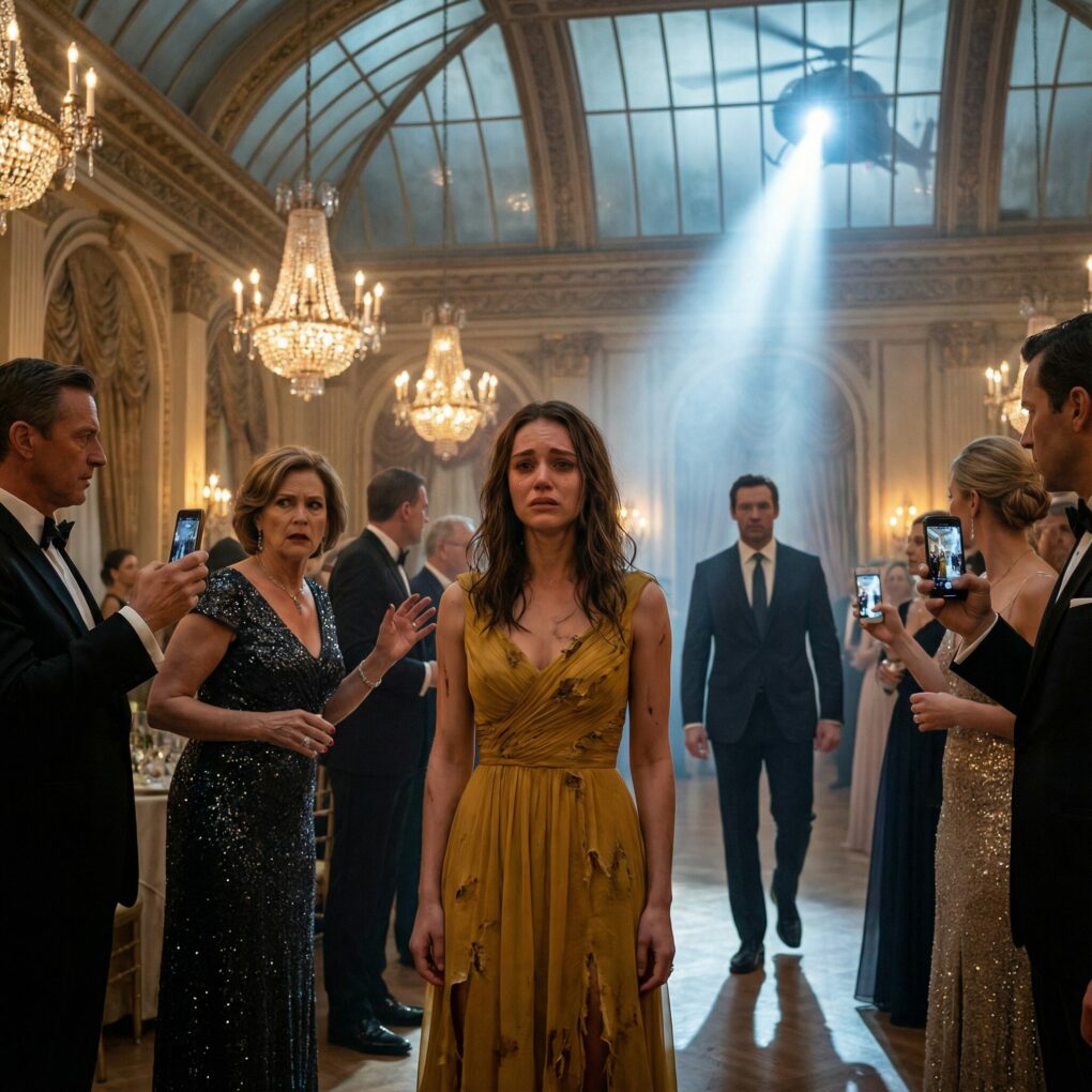 I never told my boyfriend’s billionaire family that I was the only daughter of the tech mogul who owned their company. To them, I was just a girl in a forty-dollar yellow dress. At their elite gala, his mother slapped me and sneered, “Trash like you should know your place,” while his sister ripped my dress and laughed, “She’s not even worth fabric.” Two hundred guests filmed my humiliation as my boyfriend stood frozen and said nothing. Then the ceiling began to shake. A helicopter landed on the roof… and the one person they never expected to see walked through the doors, making the entire room go silent.