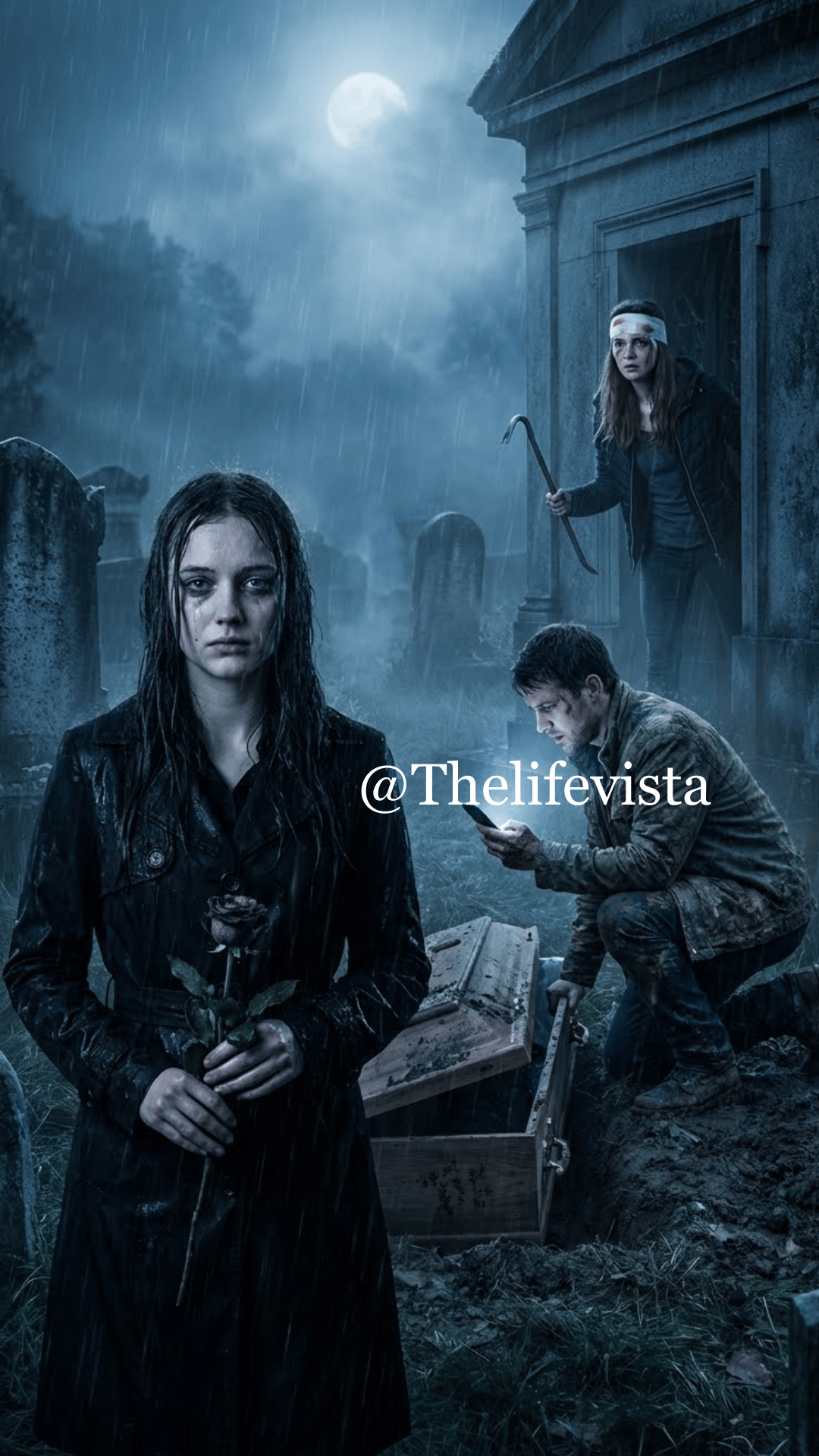 “My father wasn’t grieving at my mother’s open casket—he was miles away, laughing with his mistress. Then my phone lit up with a message sent from her number: ‘I’m alive. Come to the cemetery. Now.’ My blood ran cold. ‘Mom…?’ I whispered into the darkness. I ran to her grave, lungs burning, only to find the soil disturbed and a figure standing over her headstone. What I saw next shattered everything I thought I knew about my family. Do you want to know what was waiting for me in the dark?”