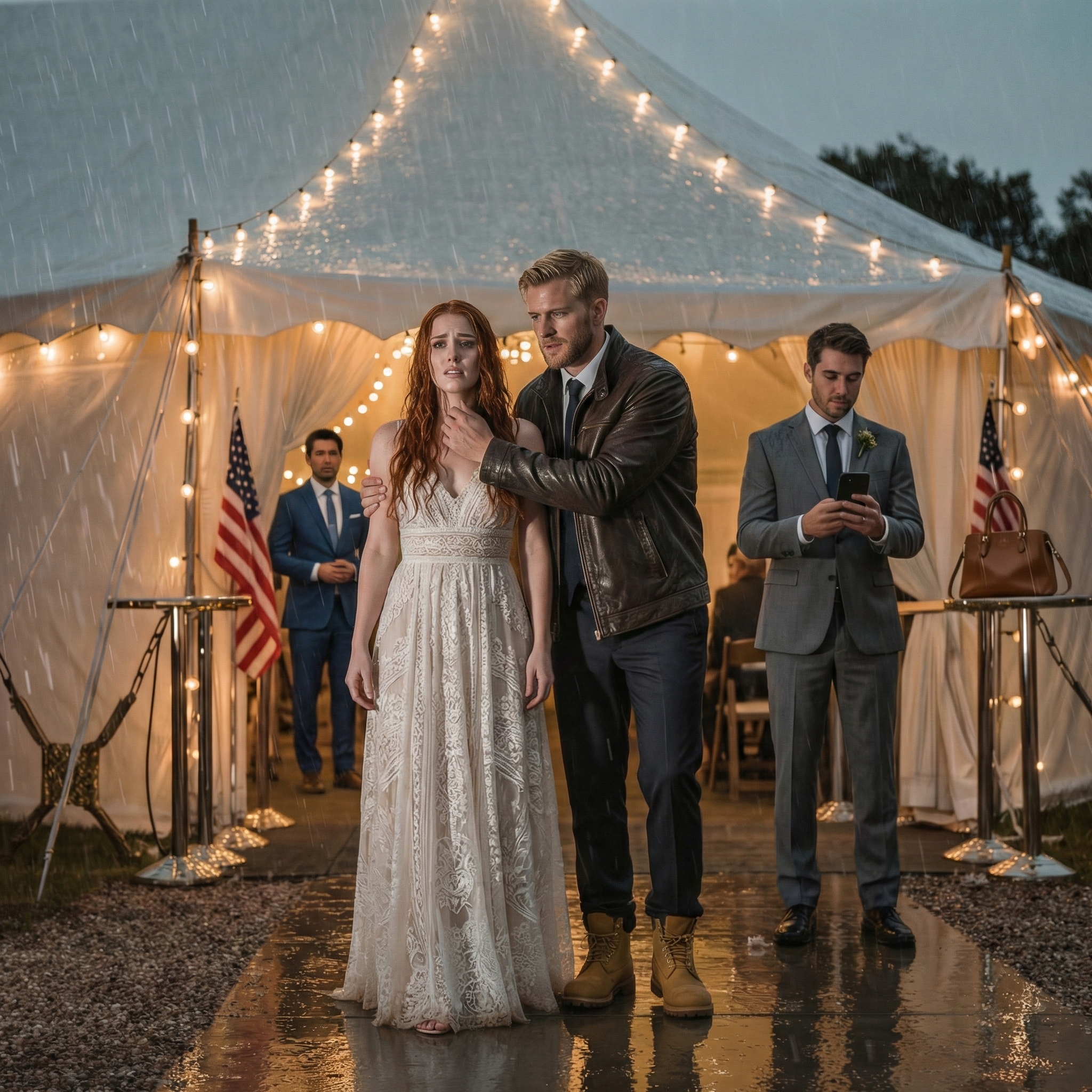 My parents made me sit in the back seat at my sister’s wedding in the rain then she ‘accidentally’ spilled red wine on my white silk dress and said I shouldn’t be in her photos. I didn’t cry. I just stood there soaking wet, holding the bouquet like a prop. Then my husband’s black SUV pulled up. The music stopped. And in just thirty seconds…the groom was led out.