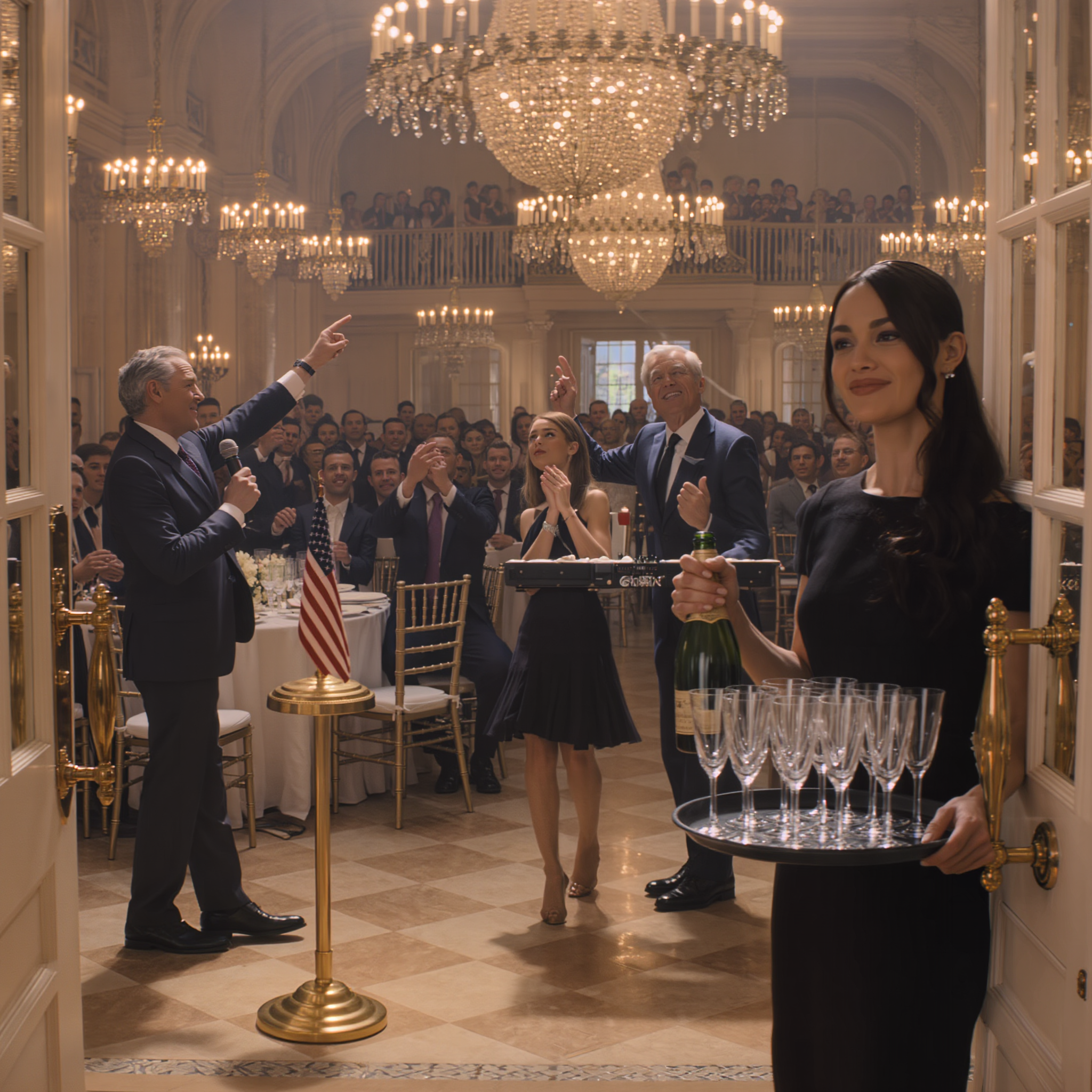 At my sister’s wedding, my dad made me sit with the staff and joked, ‘At least you’re dressed for serving drinks.’ People laughed. I poured the champagne, left quietly… and an hour later the music cut out and the venue manager said, ‘The owner wants Mr. Stanton out.’ My dad smirked. ‘Who?’ he asked. He got his answer when I walked in.