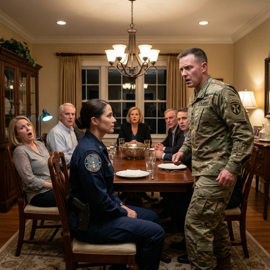 My sister laughed at dinner: ‘Meet my fiancé, a Ranger.’ She mocked my uniform. Then he saw the task force patch, froze, snapped to attention, and barked, ‘Maya, stop. Do you know what that means?