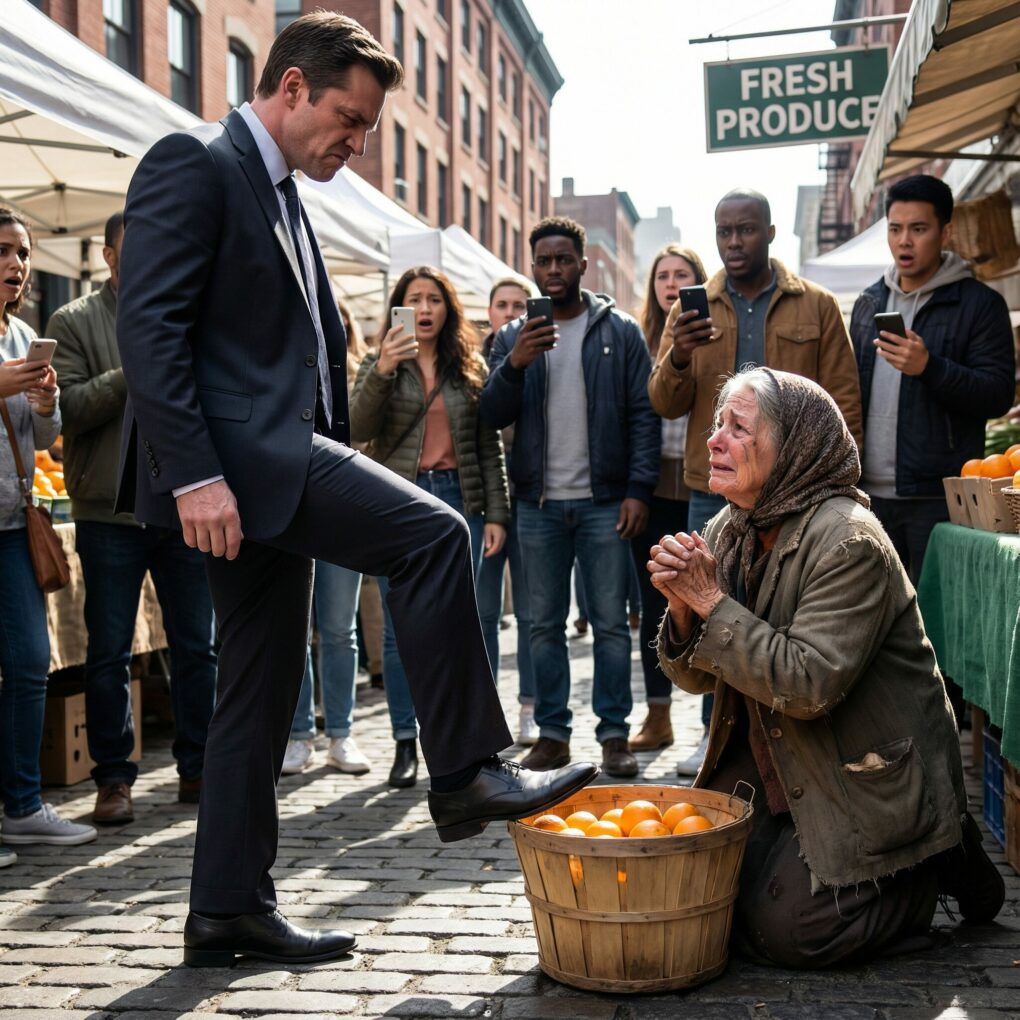 I still hear my own voice echoing through the crowded market. “Get away from me,” I snapped, my polished shoe striking her worn-out basket as people gasped. She fell, whispering, “I’m sorry… I just wanted to see you.” Something in her eyes froze my breath. Why did my chest ache like this? If I had known who she truly was… would I have kicked her away—or fallen to my knees?