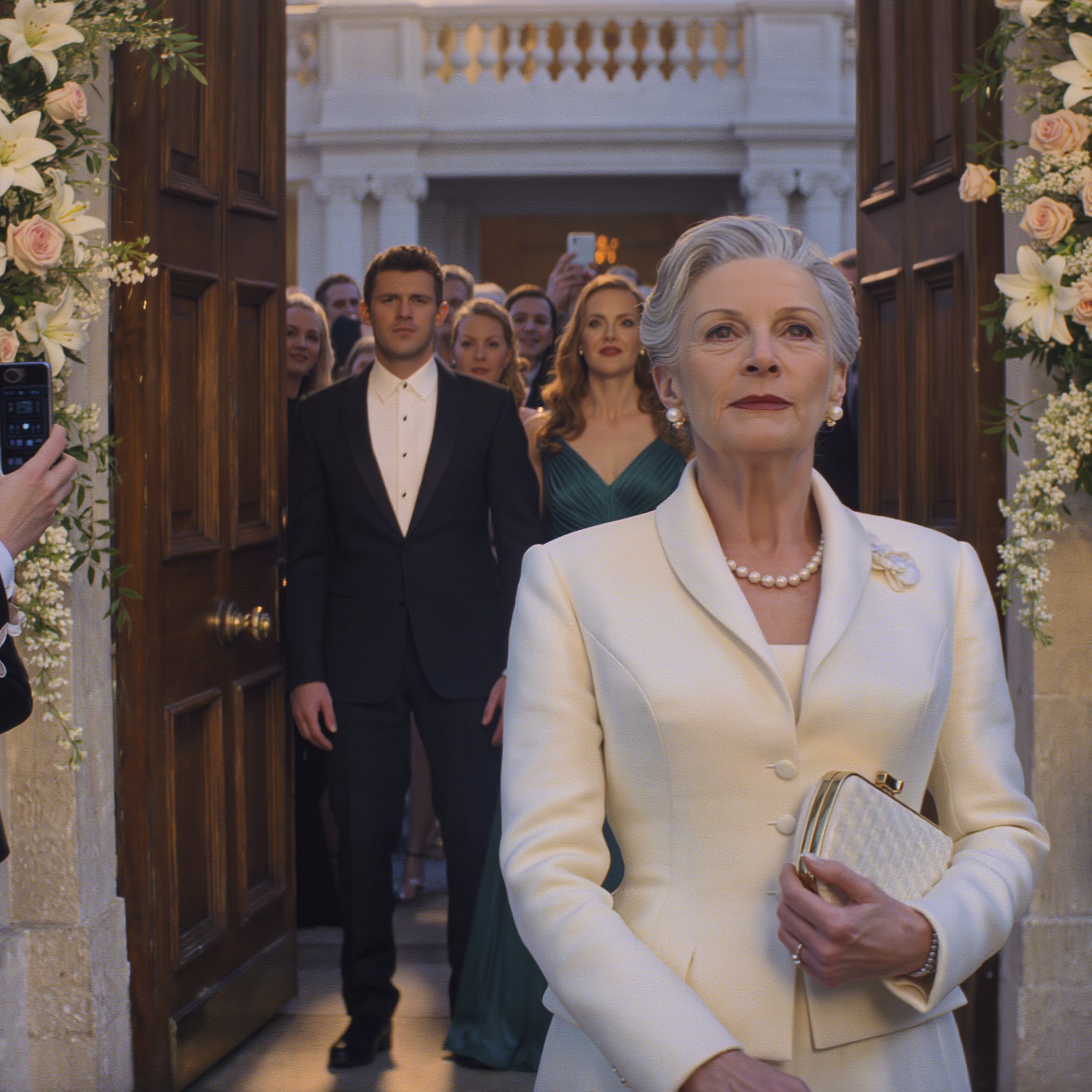 My son stopped me at the entrance of my granddaughter’s wedding and said, “Your name isn’t on the list, Mom,” in front of two hundred guests—so I smiled like a quiet old widow… and reached into my clutch for the one folder that could freeze this entire $127,000 day in its tracks.