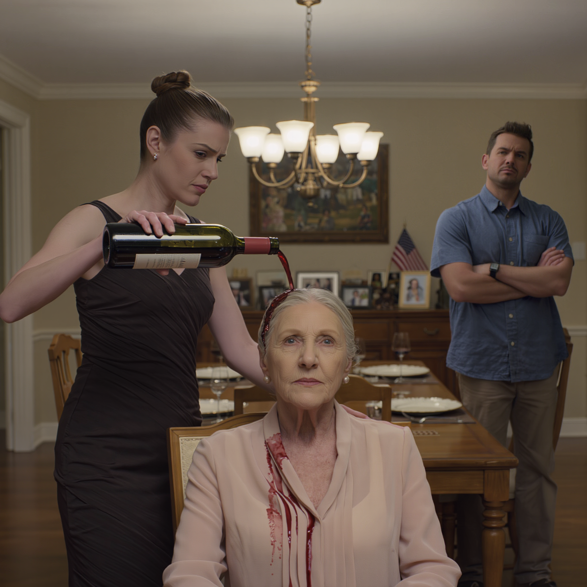 I said, “No more wine, Carly,” and my daughter in law smiled like I’d insulted royalty, then shouted, “Maids obey,” and sent my grandmother’s crystal flying into my face at our Friday dinner; by sunrise a uniformed officer was in my dining room, my son was begging, “Mom, please,” and I was answering, steady as a gavel, “This ends today, finally.”