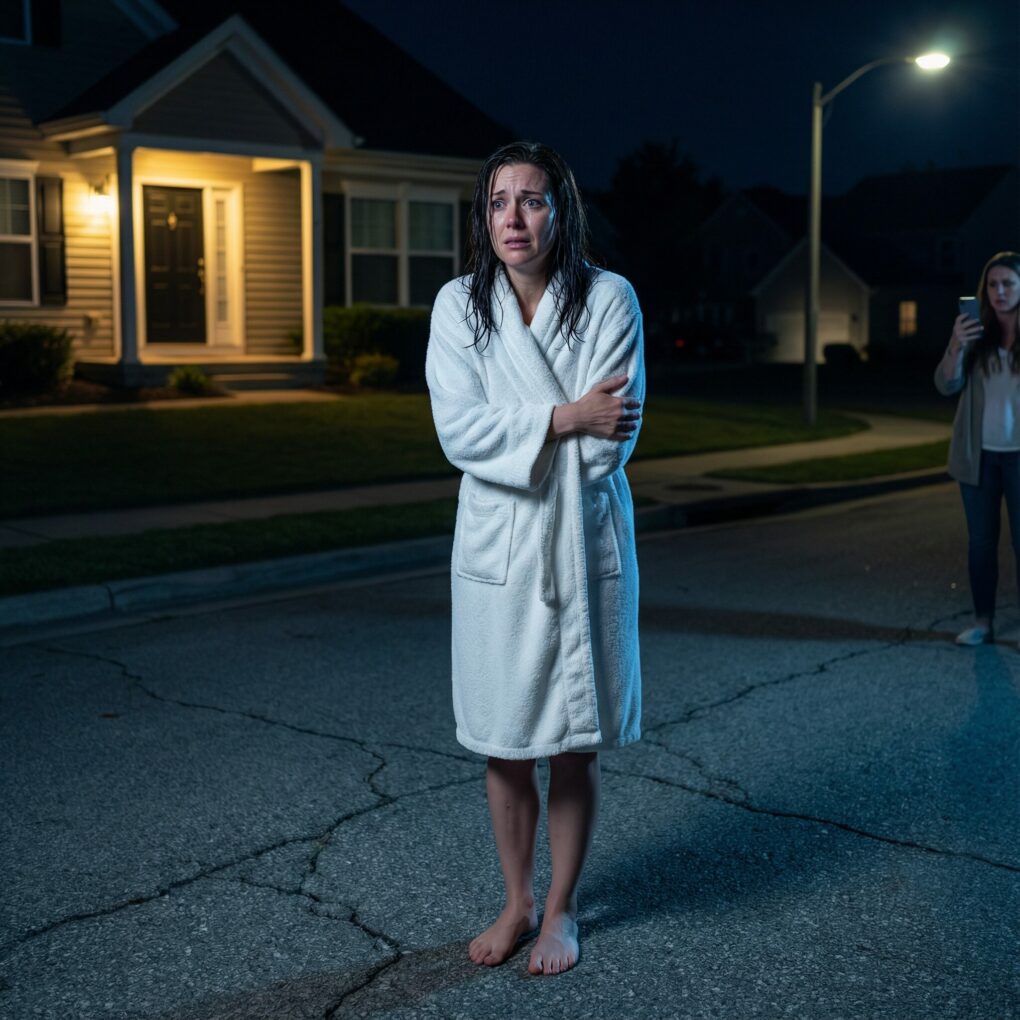 I was standing barefoot on the cold pavement, my body wrapped in nothing but a towel, when my husband slammed the door and shouted, “Get out if you won’t let my mother move in!” I knocked, begged, cried—silence. What he didn’t know was that someone across the street had seen everything. And now, as I dry my tears, I smile… because the perfect life he built on lies is about to collapse.