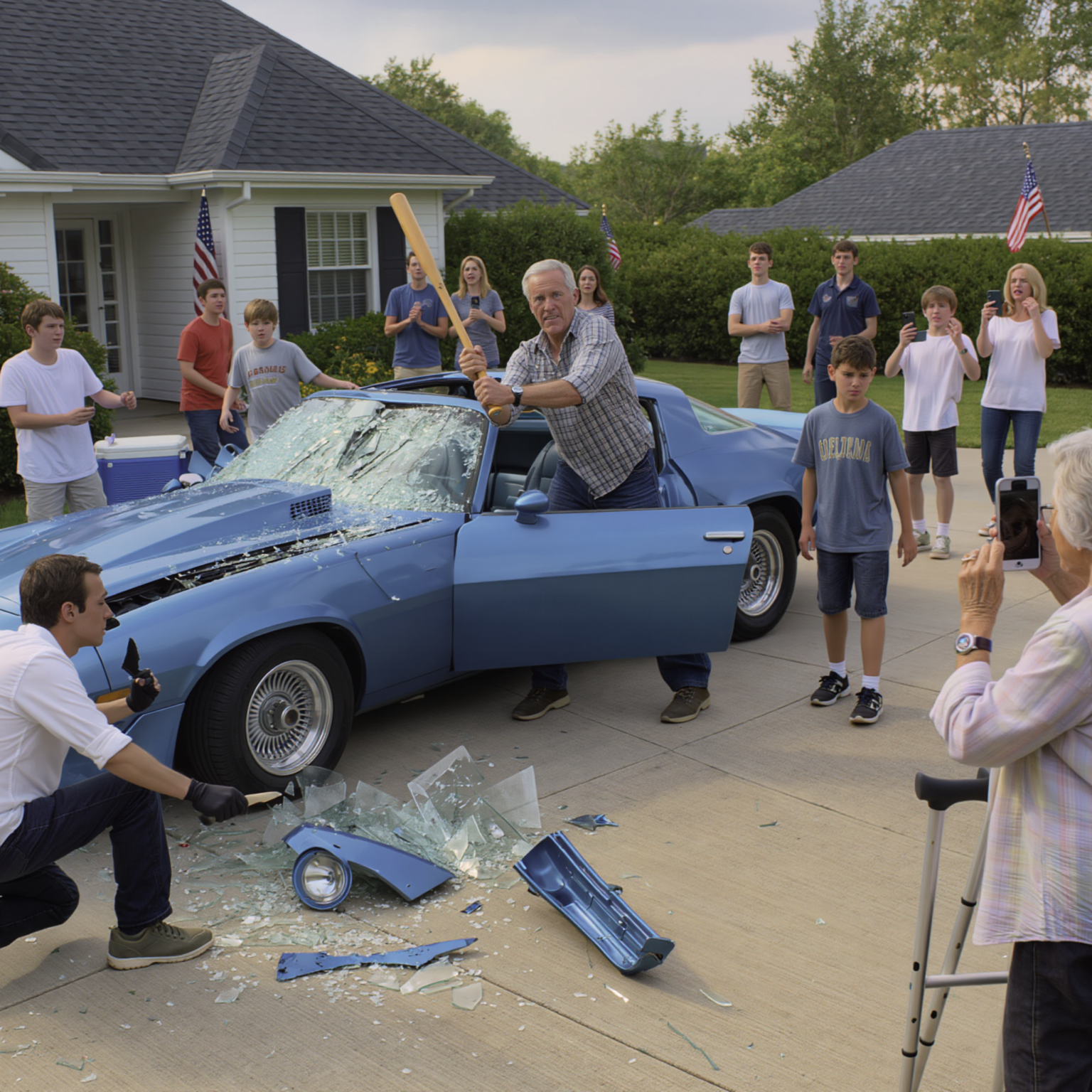 At my son’s 17th birthday party, my dad swung a baseball bat through the Ford Mustang I saved two years to buy and barked, “Hand it to your aunt—she deserves it,” but Grandma Rose stepped out of the silence, raised her phone, and said, “Smile… I recorded everything,” and before the candles even cooled, flashing police lights, a viral video, a lawsuit, and a cut-off inheritance turned their cruelty into consequences.