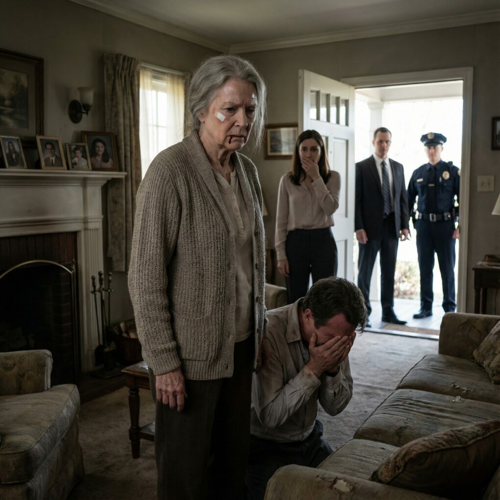 I refused to give my son the money from selling the farm. He slapped me and screamed, “Get this old woman out of here!” My daughter-in-law clapped her hands in satisfaction. Trembling, I went into my room, shaking and bleeding. Ten minutes later, the doorbell rang. When he saw who was standing there, he collapsed to his knees, sobbing and begging for forgiveness, his face turned white, “Mom… please… don’t do this.”…