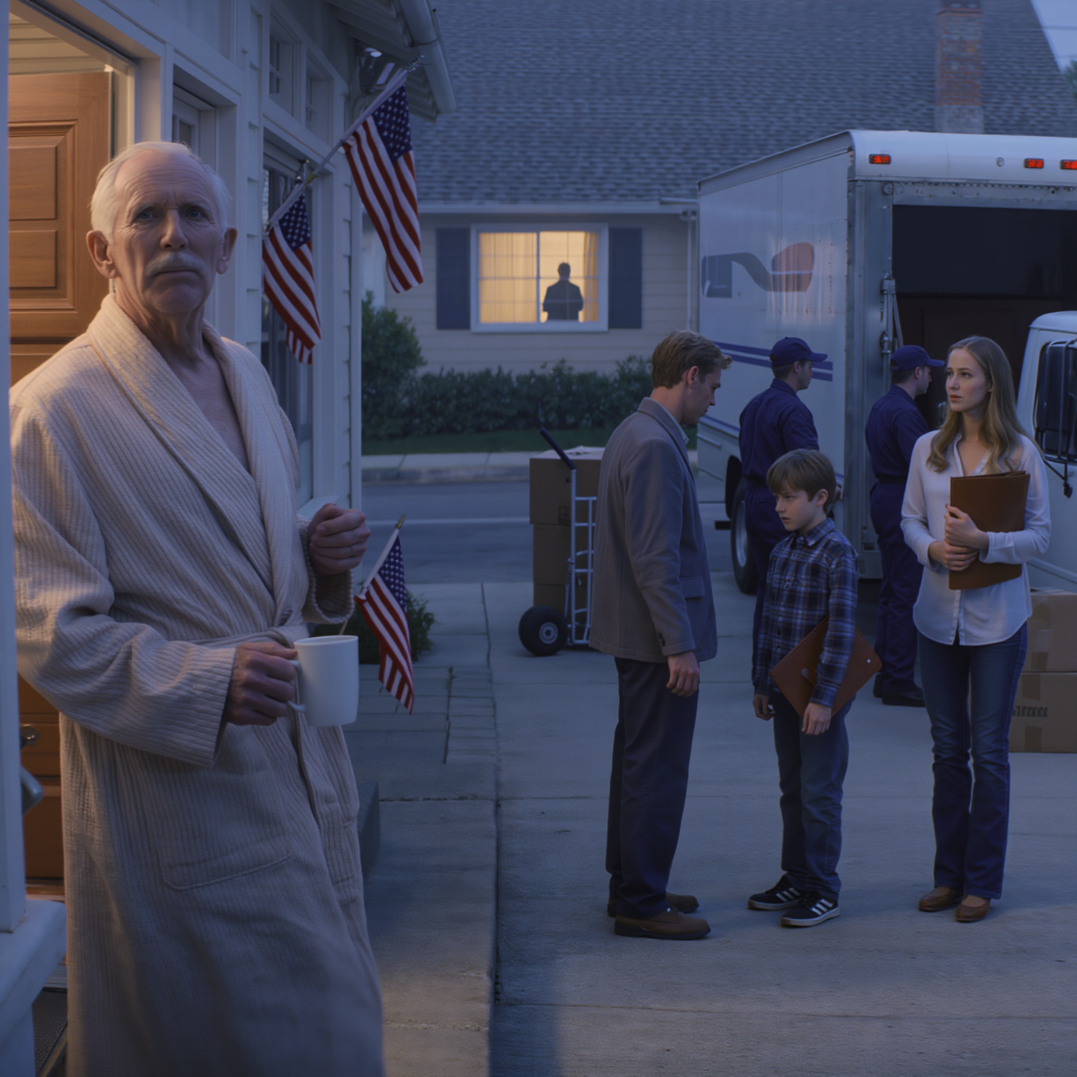 I was relaxing in my home when, at 5 a.m., the security guard called, his voice tight: “Your son is here with his wife and movers. They say you need to move out. He claims he owns the house.” I took a slow sip of coffee and smiled. “Let them in.” They were about to learn the truth.