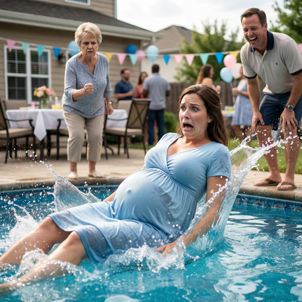 I’ll never forget that moment at my baby shower when I was eight months pregnant. My husband gave his mother the entire $10,000 I had been saving for the delivery. When I tried to stop him, he yelled, “Don’t you dare get in my way!” Then his wicked mother slammed her fist into my swollen belly so hard I toppled backward into the pool. As I sank beneath the water, clutching my stomach, my husband just stood there — laughing. Then, when I looked down at my belly, I froze… completely shocked by what I saw.