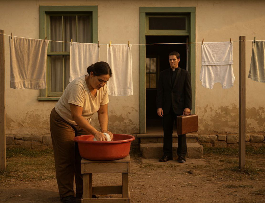 Jedes Mal, wenn der Ehemann von einer Geschäftsreise nach Hause kommt, sieht er seine Frau eifrig die Bettwäsche waschen.