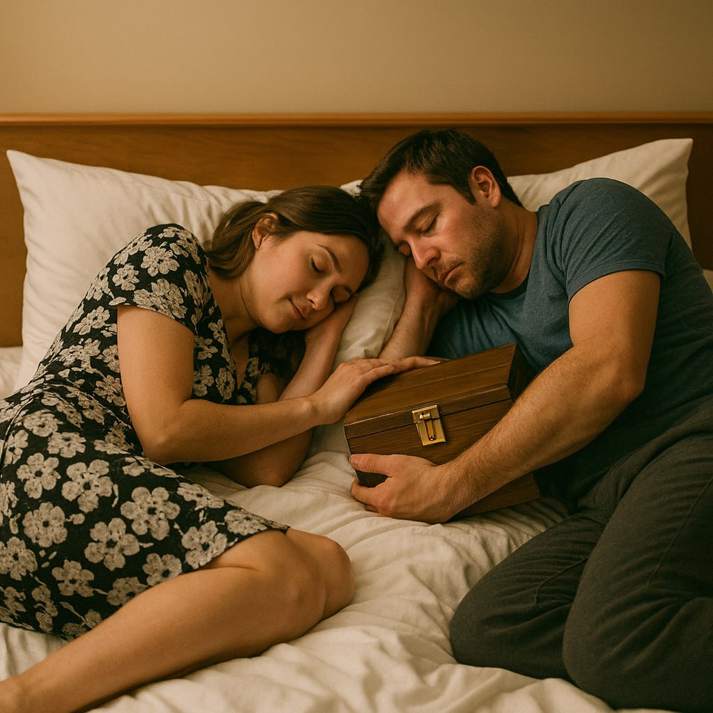 Während unserer Flitterwochen wachte ich mitten in der Nacht auf und sah, dass mein Mann sich von mir abgewandt hatte. In seinen Armen hielt er eine kleine Holzkiste, als wäre sie das Wertvollste auf der Welt. Er sagte, darin befinde sich die Asche seiner verstorbenen Ex-Freundin. Als er anschließend duschen ging, siegte meine Neugier. Ich öffnete die Kiste – und was ich darin entdeckte, ließ mich noch vor Sonnenaufgang meine Koffer packen und die Scheidung verlangen.