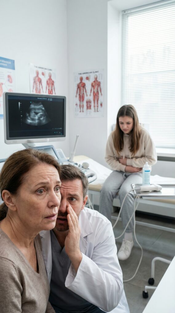 Every night, my daughter curled into a ball, clutching her stomach, vomiting until her lips went pale. I begged my husband to care—he barely looked up. “She’s faking,” he snapped. “Anything for attention.” So I drove her to the hospital alone. In the cold glow of the scan room, the doctor’s face tightened. He leaned closer, voice barely a breath: “Ma’am… do you know how this could’ve happened?”