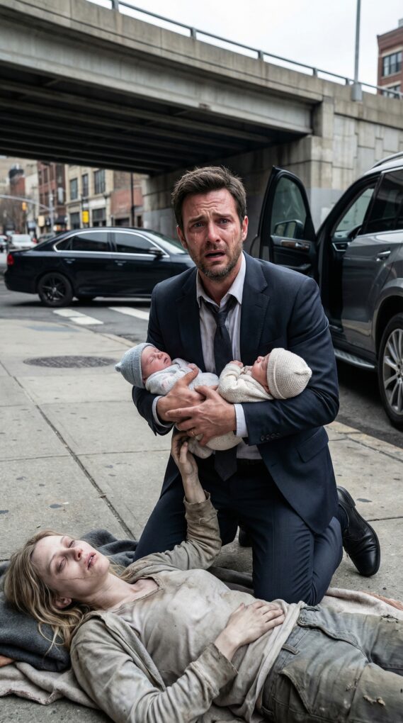 I was minutes from signing a billion-dollar contract when I saw them—two newborn boys, red-faced, screaming beside a homeless woman slumped on the curb. I slammed the brakes. “Hey! Ma’am, can you hear me?” No answer. I knelt closer… and my heart stopped. It was her. My wife—the one who vanished two years ago. I whispered, shaking, “How are you here…?” One baby’s tiny fist gripped my finger like a plea. I could lose the deal. But I’d just found something worth far more… and the truth was only beginning.