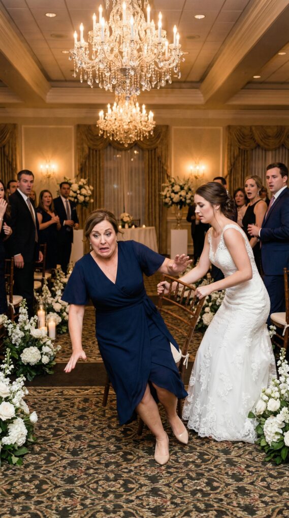 On my son’s wedding day, I walked into the hall believing I still belonged in the front row. The bride leaned in, smiling like a knife. “Your seat is over there,” she whispered—pointing to the row reserved for the staff. Heat rushed to my face, but I sat with the family anyway. Her fingers clamped onto my chair. Yank. I crashed to the floor. Gasps. Laughter. My son froze. Then a voice cut through the chaos: “Stop!” The bride’s father stepped forward—then went pale when his eyes met mine. Because he didn’t just recognize me… he remembered what I did to him.