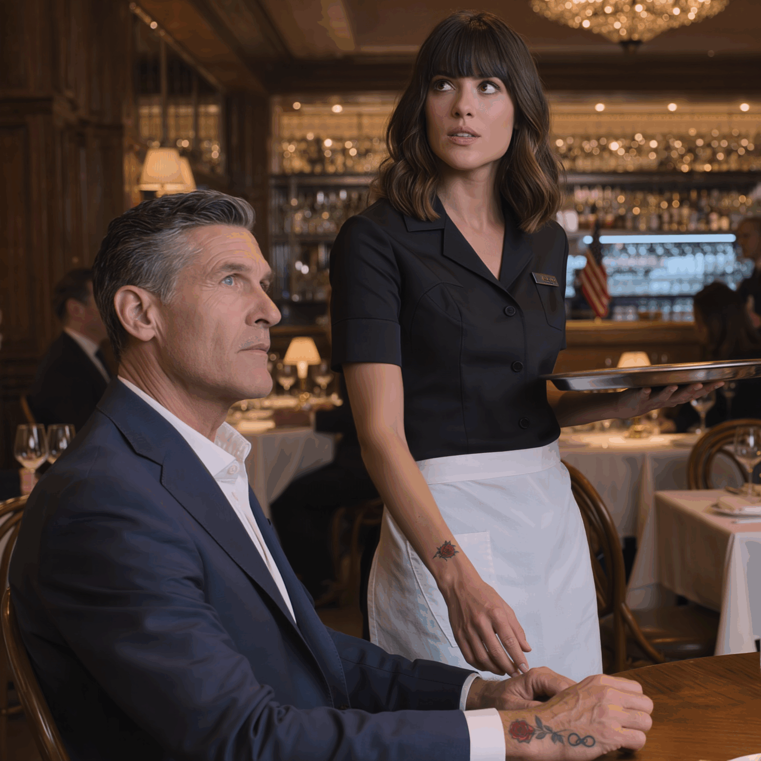 I am a server working in New York City, taking double shifts to pay for my mother’s medical treatment. Last night, a billionaire walked into the restaurant where I work. As I set the wine down on the table, I saw his wrist — a tattoo: a small red rose with thorns curling together into the shape of infinity. I froze. ‘Sir, my mother has the exact same tattoo as you,’ I said to the billionaire as I was serving his table. The billionaire dropped his glass of wine and, in a trembling voice, asked for my mother’s name.