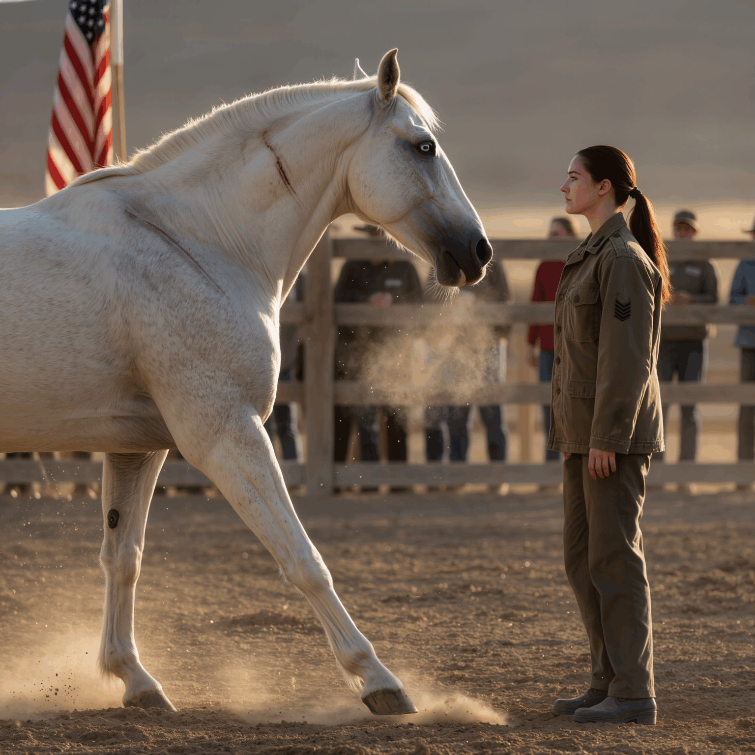 No one wanted to buy the fierce white horse with a flank full of scars and pale eyes — an animal that even its trainer said was too dangerous, to the point that grown men had to step back. At every auction, the scene repeated: silence, a few mocking laughs, and the sound of hooves pounding against the metal floor, as if it were fighting against a world that had already given up on it. Until one day, a quiet woman in a faded Marine Corps jacket stepped forward. She didn’t ask the price. She only asked its name.
