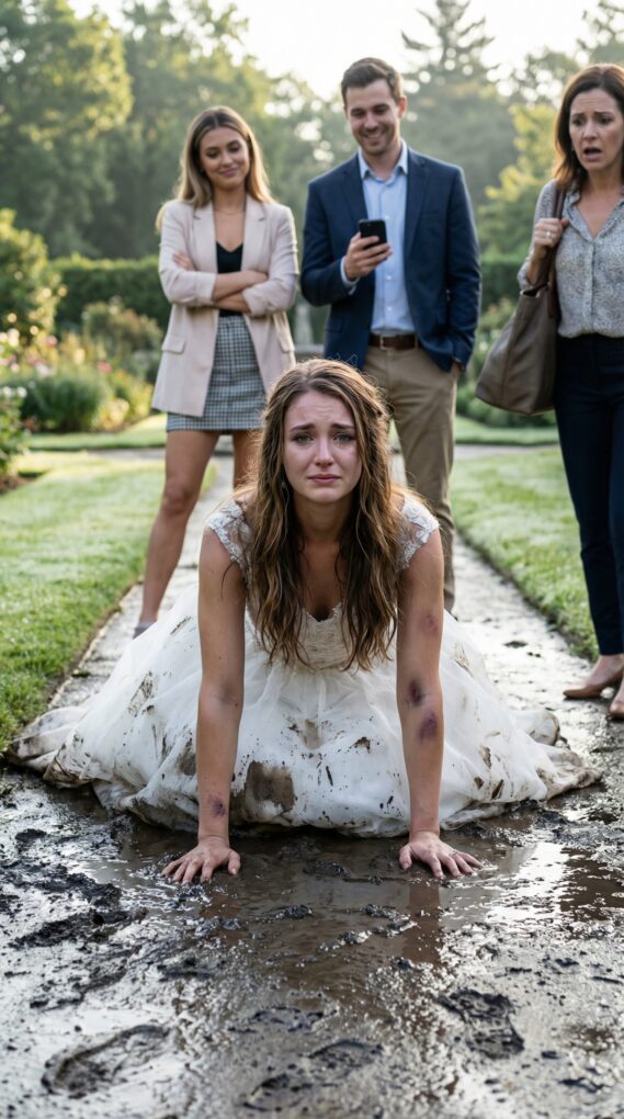 The morning of my engagement shoot, I was already in white when my sister’s fiancé grabbed my arm and shoved me into the mud. He leaned close, voice like poison: “That’s where you belong.” I looked up—shaking—and saw my sister smirk. “Relax,” she said, “pity points help.” Everyone laughed. I didn’t. I just wiped the dirt from my ring and whispered, “Say it again.” Because the next photos? They wouldn’t be smiling. And neither would they.