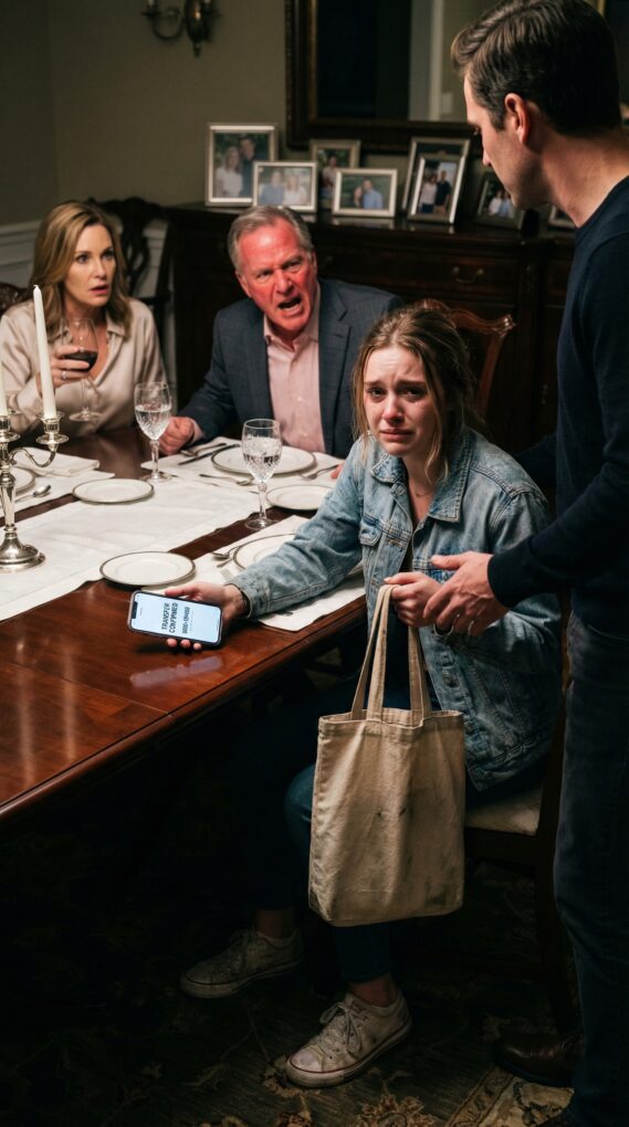 I tightened my grip on the frayed canvas bag and forced a small smile. “It’s… all I have,” I whispered. His mother’s eyes swept over my cracked shoes. “So this is what you’re bringing into our family?” My husband’s hand trembled in mine. “Mom, please.” Then his father leaned closer, voice like a knife: “How much did you cost my son?” I swallowed the scream, nodding like I deserved it—until my phone buzzed with a single message: “The transfer is complete, ma’am.” I looked up. “Should I keep pretending… or tell you who I really am?”