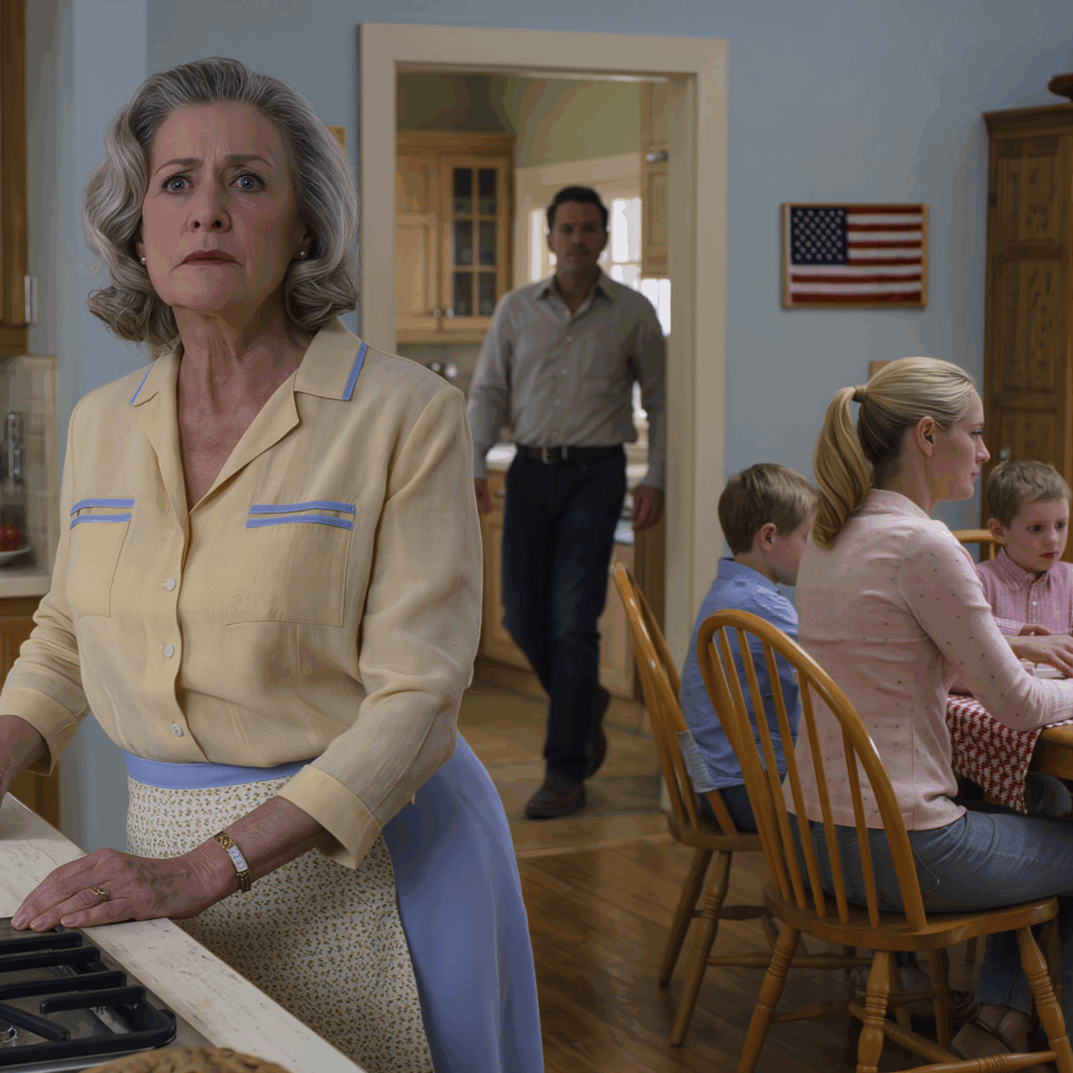During dinner, my daughter-in-law said, “Mom, go eat in the kitchen. I only want my own family to eat at the dining table!” I silently gripped the apron tightly. A few minutes later, my son walked in.