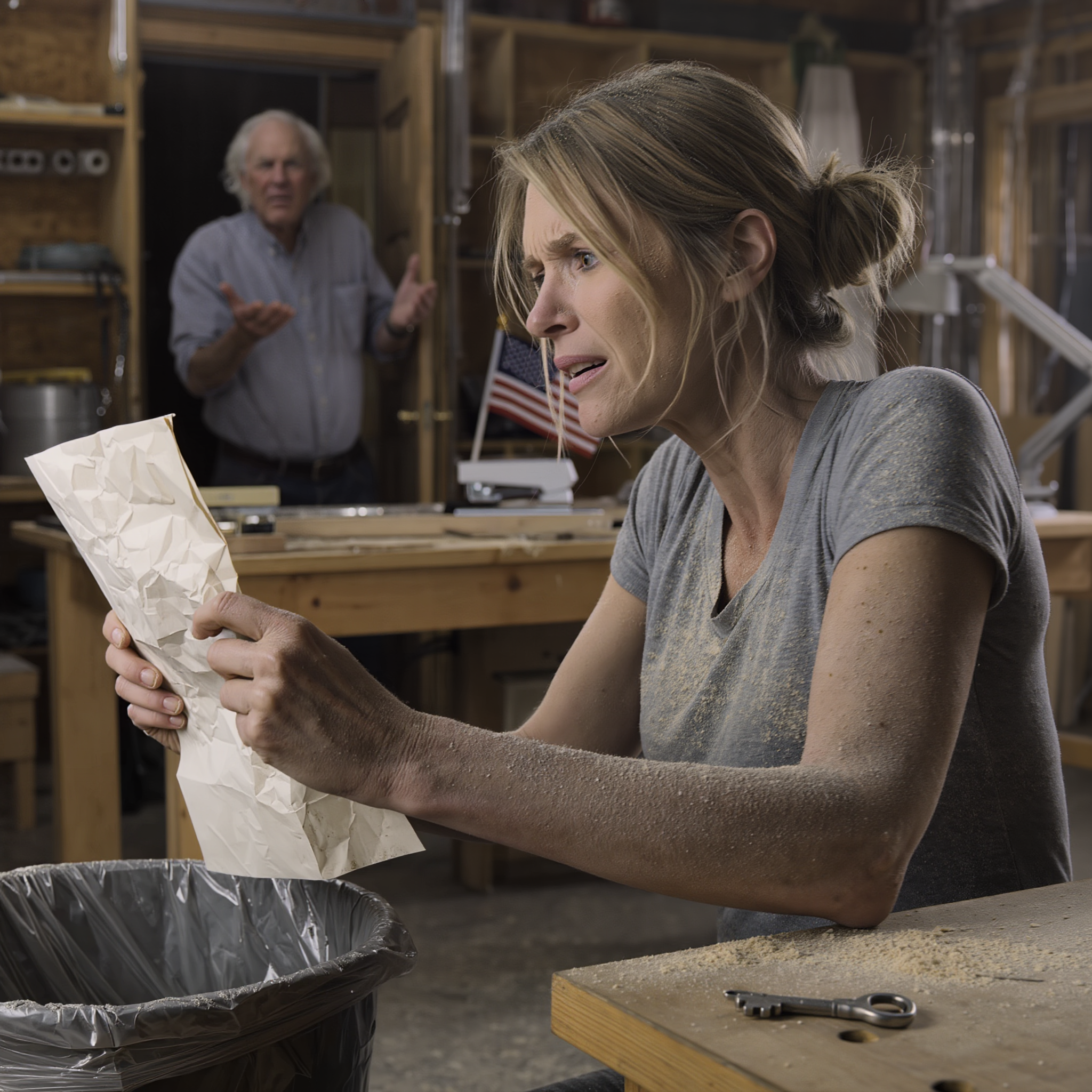 At 11:45 p.m., I pulled a crumpled piece of paper out of the trash and went cold: my family’s shop had been quietly transferred into my brother’s name three years ago… 15 years of callused hands, 80 hours a week—turns out it was all unpaid labor. I didn’t scream. I just set the key on the desk and disappeared. A week later, Dad called, gasping, “Our biggest client is leaving…” and I answered with one line so cold the whole house went silent.