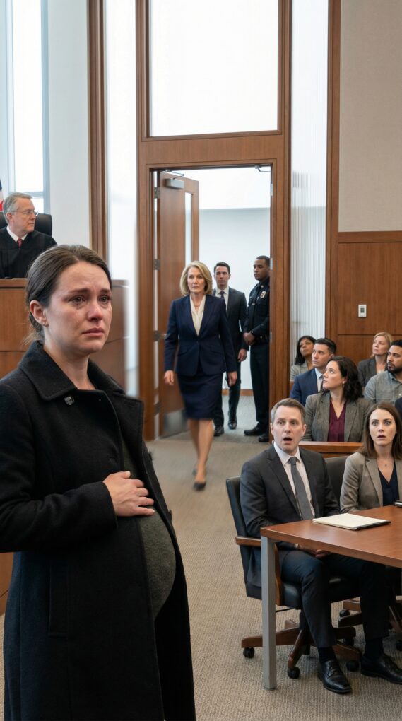 At the divorce hearing, I’m eight months pregnant—hands on my belly, trying to breathe through the whispers. My husband smirks and leans in, voice like a knife: “Let’s see how you’ll survive without me.” I swallow the humiliation… until the courtroom doors swing open. He freezes. My mother steps in—calm, elegant—followed by a line of suits and stunned silence. She says, “My daughter will live far better without you.” My husband and his mistress go pale.