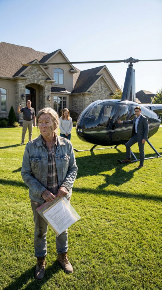 Smoke still clung to my clothes when I knocked on my daughter’s door. Her husband didn’t even let it open fully. “You’ll ruin my Persian rug,” he snapped, eyes cold. “I don’t shelter homeless women.” My throat burned—half from ash, half from shame. With shaking hands, I dialed a number no one knew I kept… the late neighbor’s boy I once raised like my own—now a billionaire. Minutes later, a helicopter thundered onto their lawn, and he stepped out, stared him down, and said three words…