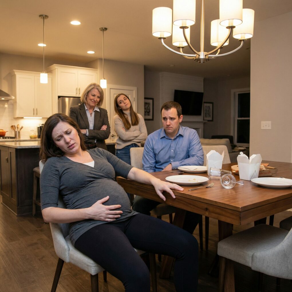 “I’m eight months pregnant, I can barely stand,” I whispered, clutching my belly. “Stop being selfish,” my husband snapped as his mother sneered, “Look at her, she can’t even cook.” His sister laughed, “No wonder he’s disappointed.” I searched my husband’s face, begging, “Are you really going to let them talk to me like this?” He lowered his eyes. I pushed myself up—and the room suddenly tilted, then went black…