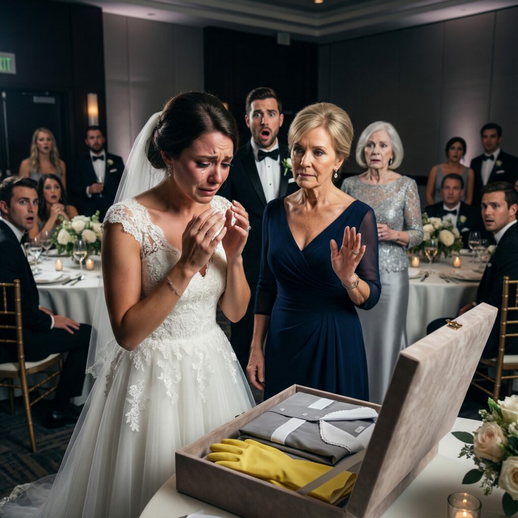 At my daughter’s wedding, her mother-in-law gave her a gift box. When my daughter opened it, inside was a maid’s uniform and a pair of cleaning gloves. My son-in-law grinned and commented, “That’s exactly what she needs at home.” My daughter’s eyes welled up with tears and she began to tremble. I quietly rose from my seat and said, “Now, let’s see the gift I have for you two.” When my daughter opened the box, their faces showed utter astonishment.