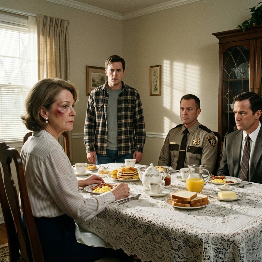 My son hit me last night and I stayed quiet. This morning, I laid out my lace tablecloth, baked a full Southern breakfast, and set the good china like it was Christmas. He came downstairs, saw the biscuits and grits, smirked, and said, “So you finally learned,” but his face changed the second he saw who was sitting at my table.