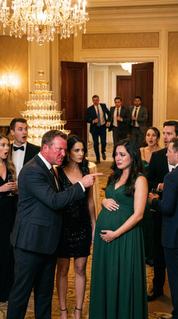 Eight months pregnant, I followed my husband into his promotion party, smiling until my cheeks ached. But his eyes never left his secretary—too soft, too hungry. “Are you okay?” I whispered. He laughed, raised his glass, and said, “Since you’re so curious… let’s make it public.” Then he turned to the room. “Ask her who the father is.” The laughter hit me like slaps—until the doors swung open. Three men in suits walked in. My brothers. Billionaires. And my husband’s pride began to collapse.