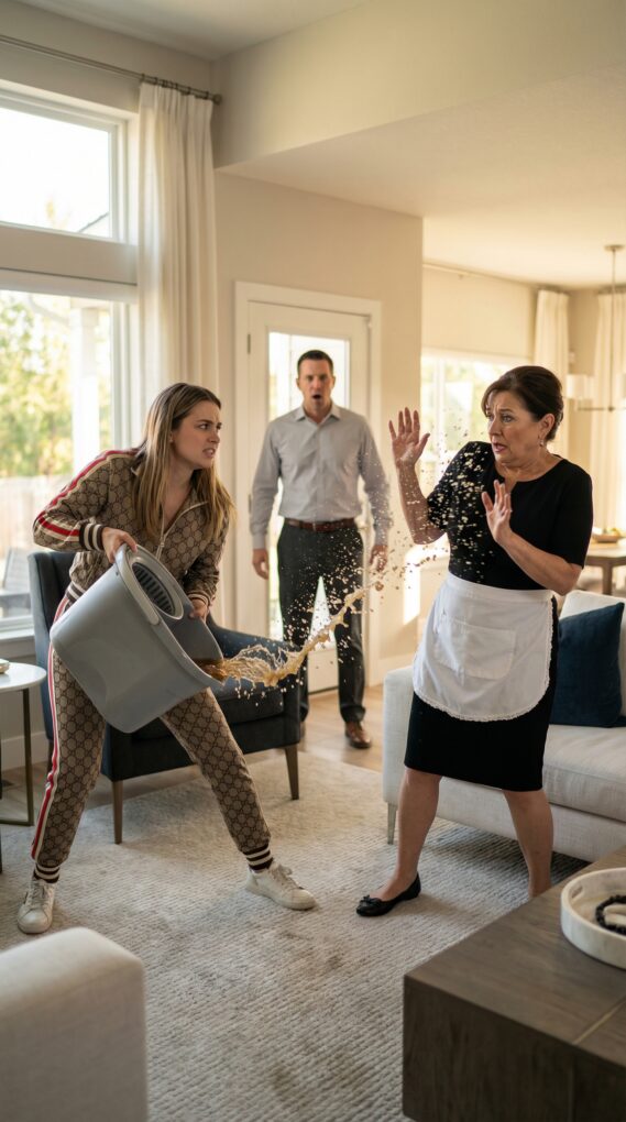 I went to my son’s house in my maid’s uniform and using a fake name—just to see what kind of daughter-in-law he’d chosen. The moment I walked in, she threw trash around as if the place were inferior to her and yelled, “Clean it up! Hurry!” I tried to suppress my anger… until finally I said, “Please, keep it clean.” She froze, then screamed, “Don’t preach to me!” and dumped a bucket of dirty cleaning water on my head. My son stood there—silent. And that’s when I realized… the test was over.