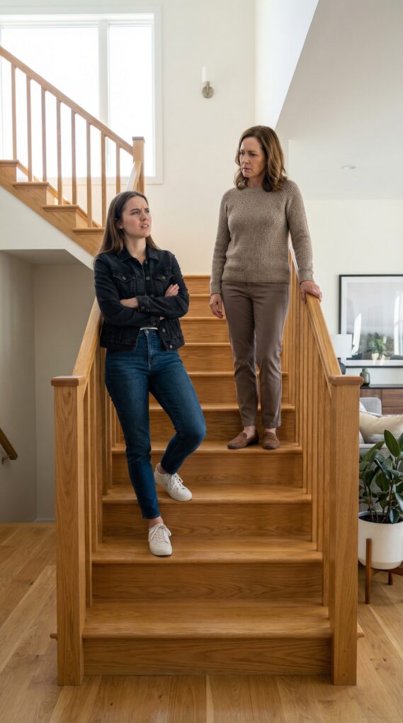 I spoiled my only daughter—gave her everything—until the day her hands slammed into my back and I tumbled down the stairs. Bones screamed. My vision blurred. She leaned over me, smiling, and hissed, “Sign the will, Mom. This is only the beginning.” I reached for the pen with shaking fingers… then the front door opened. A woman stepped inside, calm as ice. My daughter’s face drained white. “N-No… you can’t be here,” she whispered. And that’s when I understood.