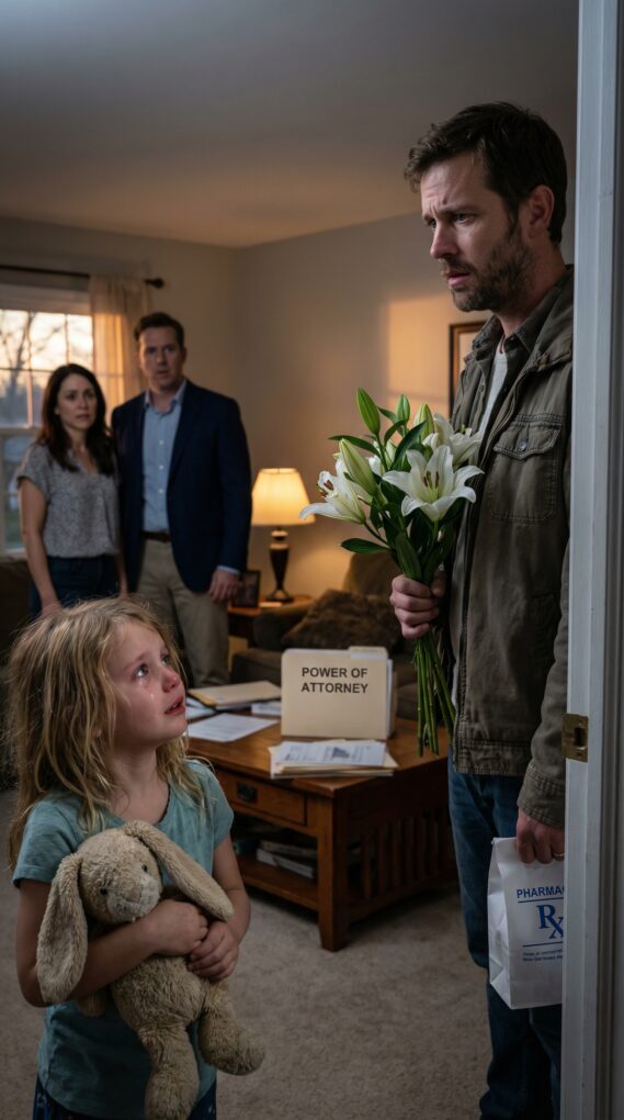 She said, “My parents are really sick,” and rushed out with our daughter before I could ask anything else. I grabbed flowers and medicine, drove over, and let myself in with the spare key—quiet, careful. Then I heard my wife’s voice, sharp and urgent: “Don’t let him come in!” My stomach dropped. A man laughed in the living room. My daughter whispered, “Daddy… run.” I froze—because I finally saw what “sick” really meant.