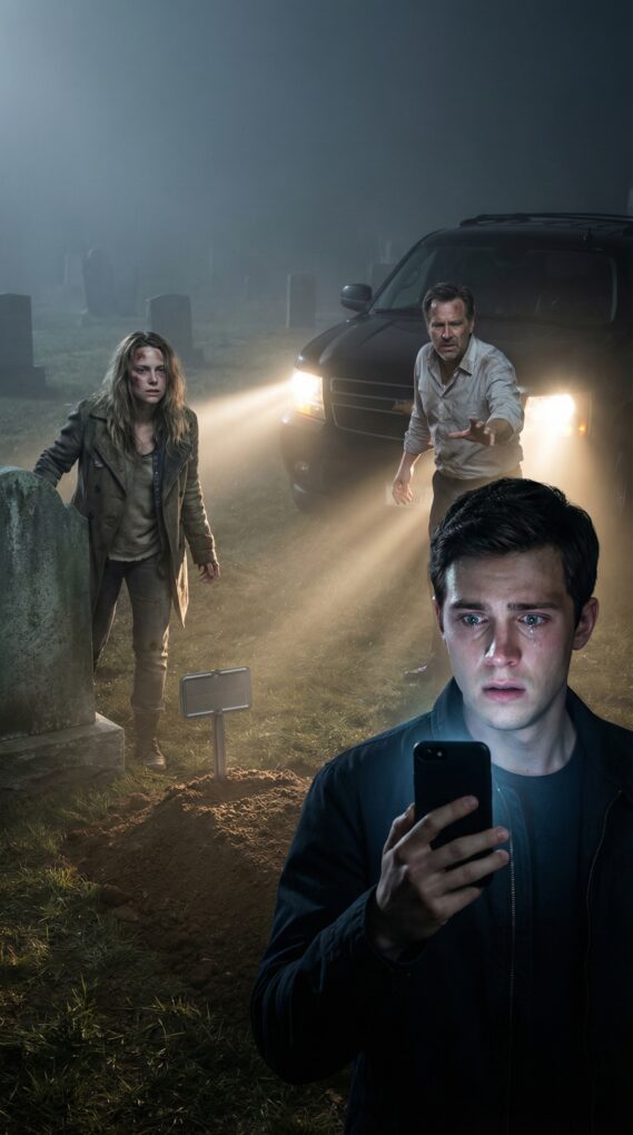 I watched the last clods of dirt hit my mom’s coffin—alone. Dad was already on a “trip” with his mistress. That night my phone buzzed, and my heart stopped. Mom’s number. “I’m not dead. Come to the cemetery. NOW.” I drove like I was fleeing a nightmare. At the gates, a shadow stepped from behind her headstone and whispered my name. What I saw next shattered everything I thought I knew… and I still can’t explain it.