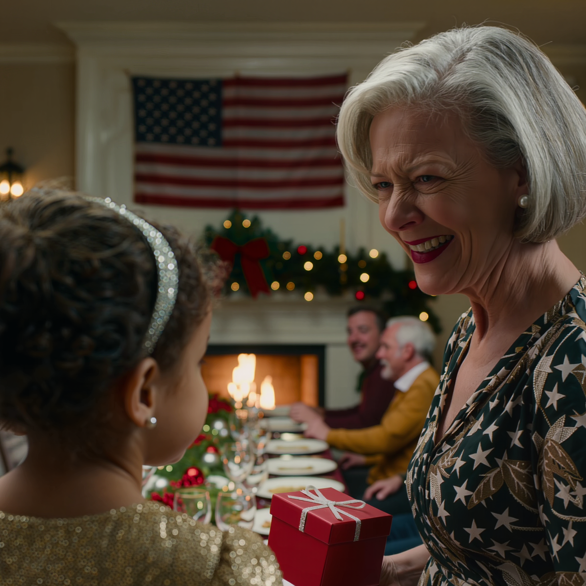 My mother-in-law gave iPads, jewelry, and cash envelopes to all the grandkids, but my 7-year-old daughter got only a candle and the words “not really family” in front of the whole Christmas table; my husband stayed silent like he hadn’t heard; then my little girl stood up, slid a red box across the table, and said, “Dad told me to give you this if you ever ignored me again”; the lid popped open, and she screamed.