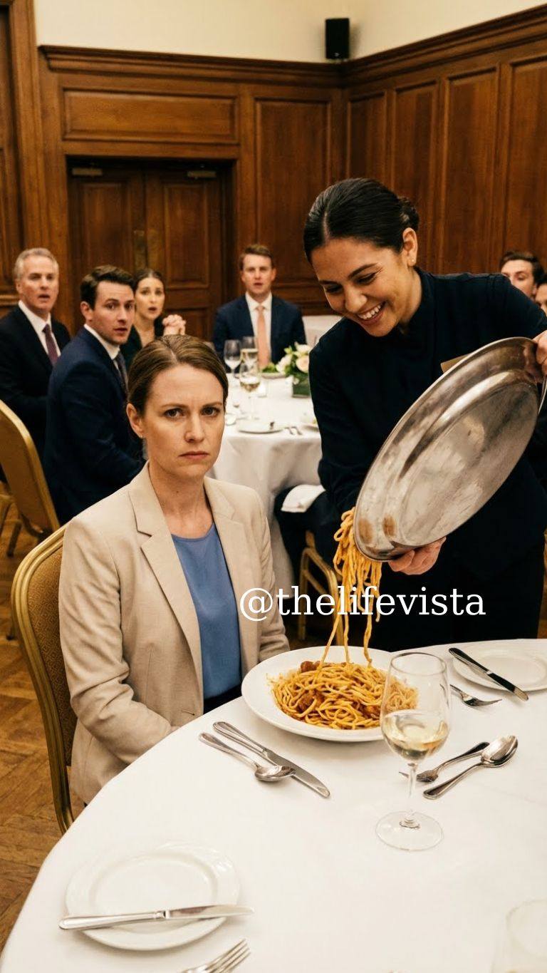 At the class reunion, my old bully shoved leftovers toward me and laughed. Years ago, she humiliated me in front of everyone. Now she’s rich, loud, and doesn’t recognize me. I calmly slipped my business card onto her plate. “Read my name,” I said softly. “You have 30 seconds.