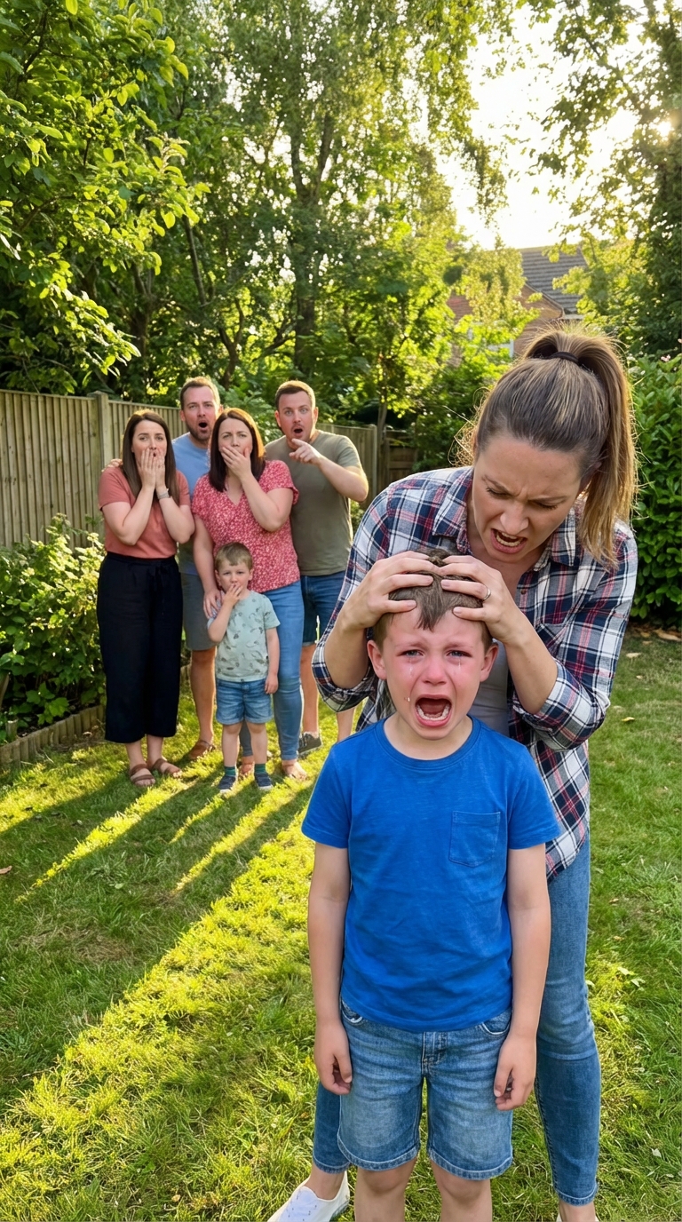 My sister yanked my son by his hair across the yard, screaming, “Your brat ruined my dress!” Mom laughed and added, “He deserved it. He needs to learn his place.” Dad joined in, chuckling, “He should apologize for existing.” I said nothing. I simply helped my son up, wiped his tears, and took him home. The next morning, police cars were parked all along their driveway. It turned out that the “brat” actually owned the house they were living in—thanks to a trust his late grandfather had set up in my name.