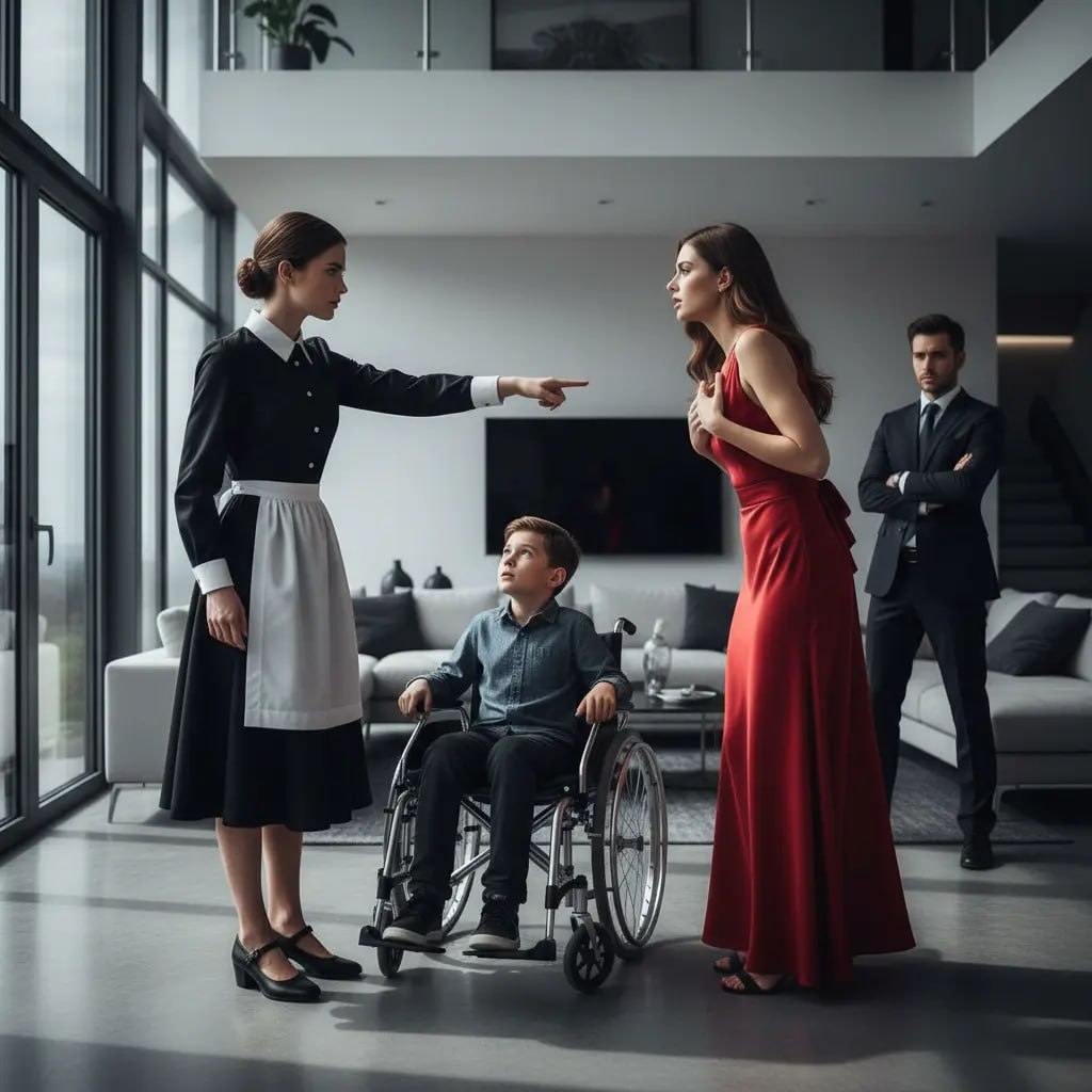 Der siebenjährige Junge im Rollstuhl versuchte, seine Tränen zurückzuhalten, während seine Stiefmutter ihn gnadenlos erniedrigte. Doch bevor sie etwas Schlimmeres sagen konnte, tauchte die Haushälterin in der Tür auf und rief: „Hör damit auf!“ Ihre Stimme hallte durch den ganzen Raum. Der Millionär, der gerade angekommen war, erstarrte angesichts der Szene.